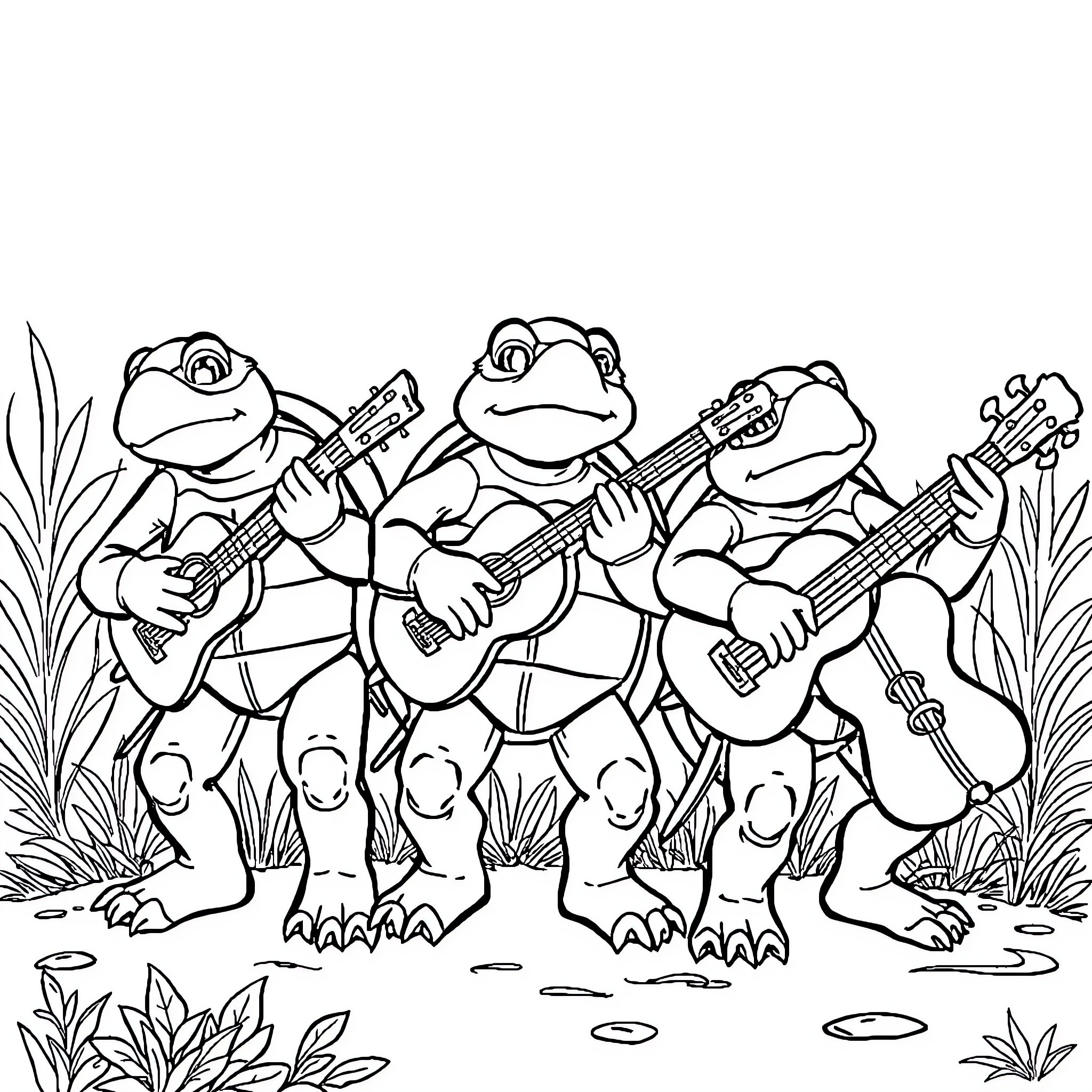 Turtle trio playing guitar in nature Coloring Page (free black-and-white line drawing printable PDF for all, from beginners to advanced learners, including children, teens, adults, and seniors)