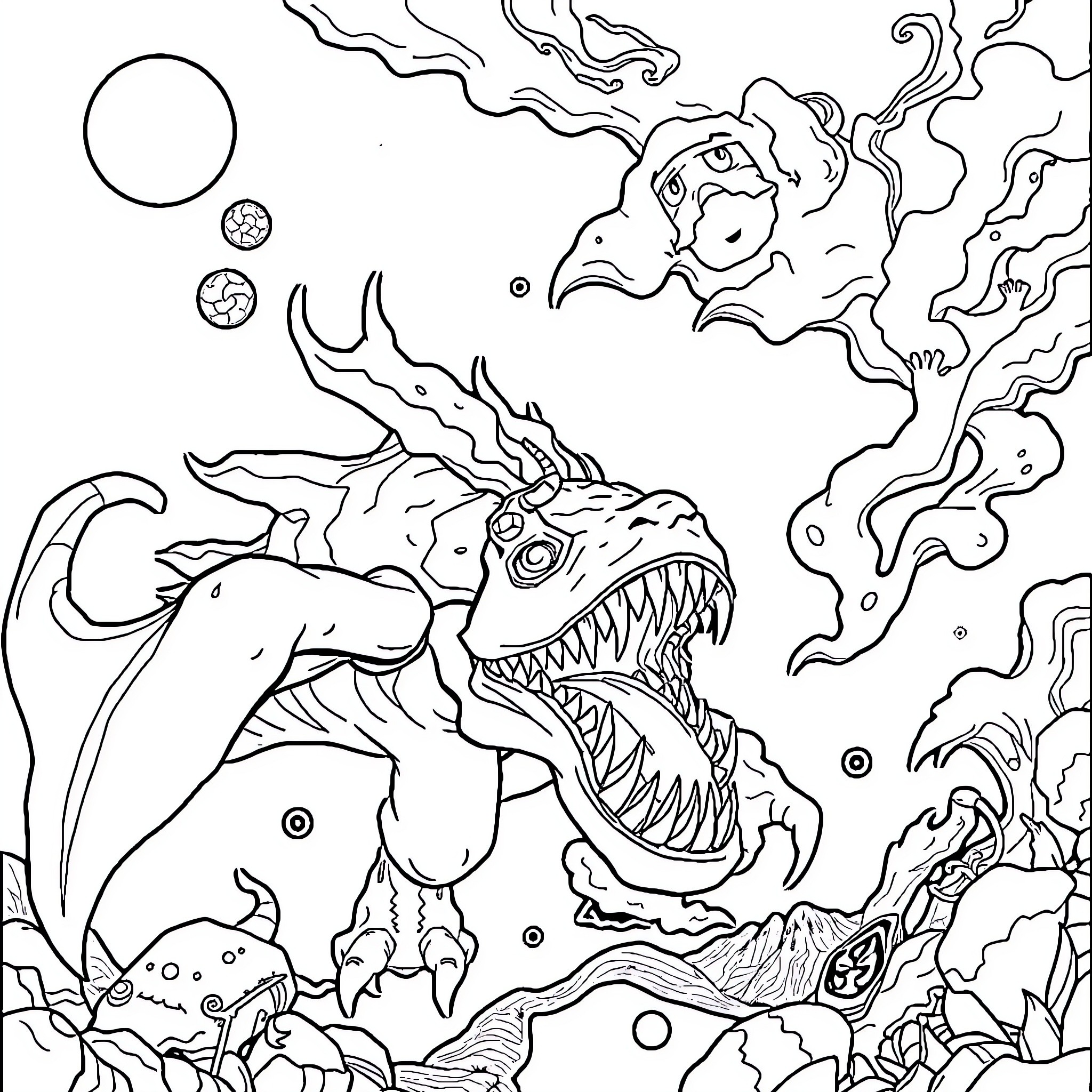 Shark emerging from dark ocean depths Coloring Page (free black-and-white line drawing printable PDF for all, from beginners to advanced learners, including children, teens, adults, and seniors)