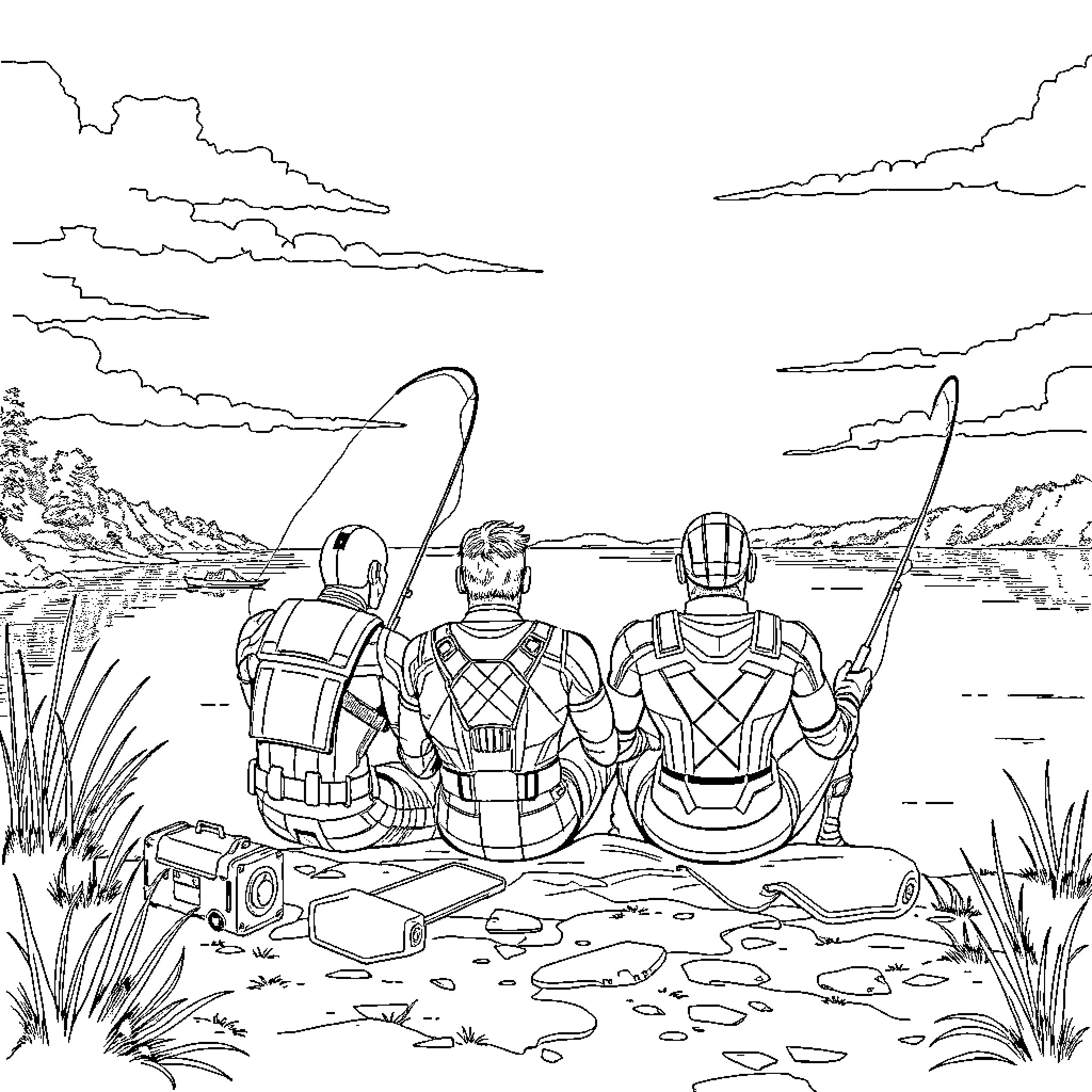Avengers fishing adventure in the wilderness Coloring Page (free black-and-white line drawing printable PDF for all, from beginners to advanced learners, including children, teens, adults, and seniors)