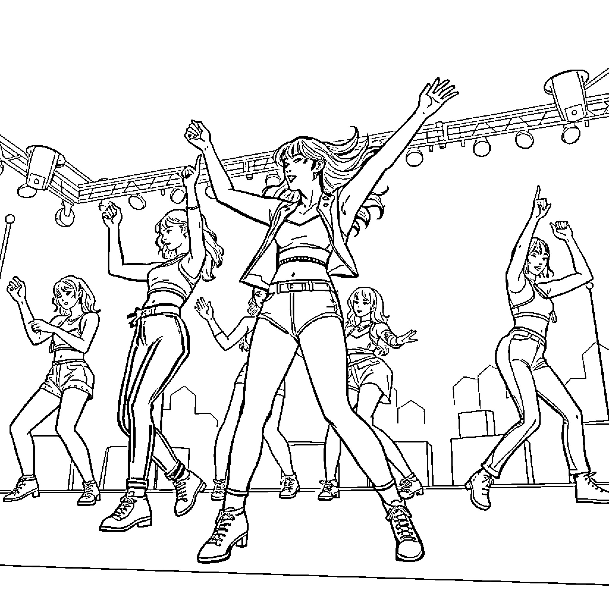 K Pop Performers Energetic Dance on Stage Coloring Page (free black-and-white line drawing printable PDF for all, from beginners to advanced learners, including children, teens, adults, and seniors)