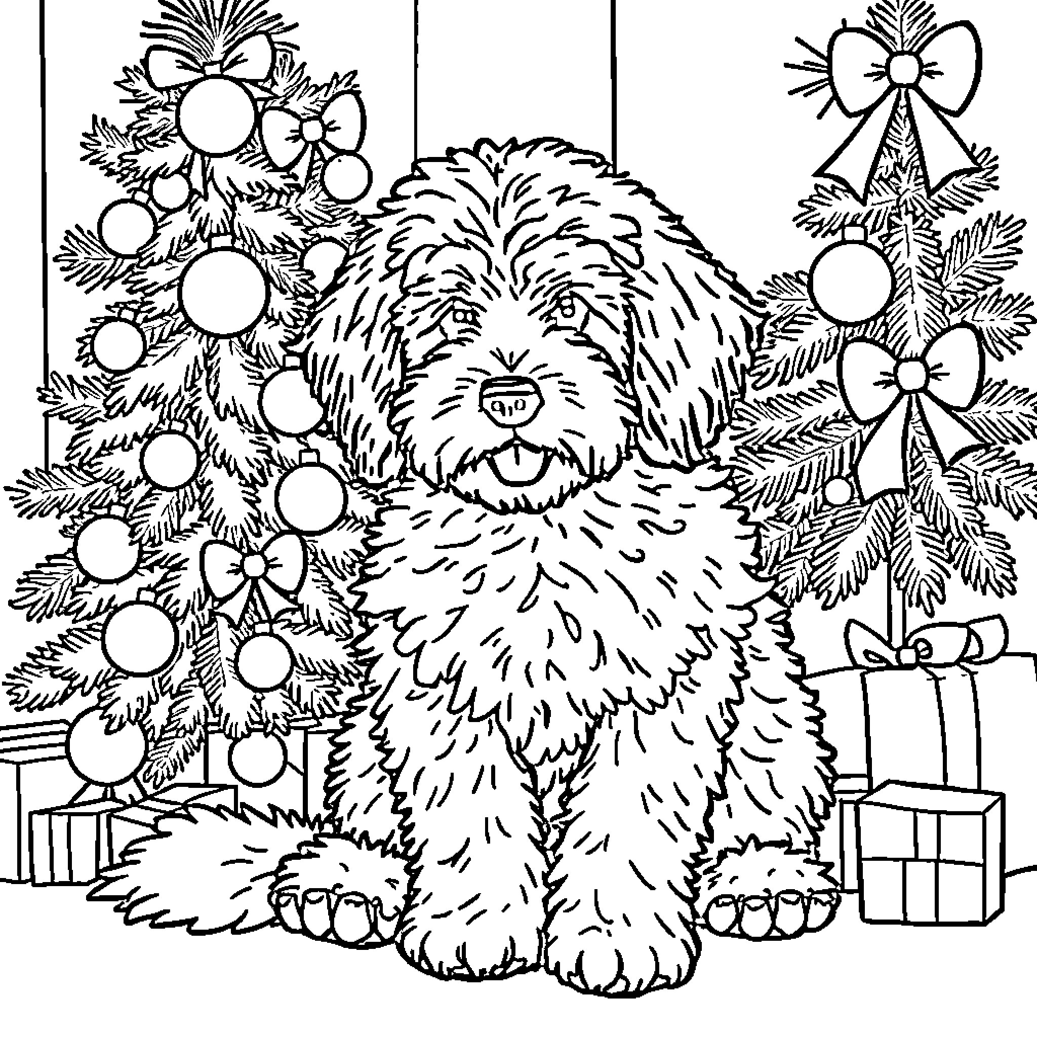 Bernedoodle enjoying the Christmas festivities Coloring Page (free black-and-white line drawing printable PDF for all, from beginners to advanced learners, including children, teens, adults, and seniors)