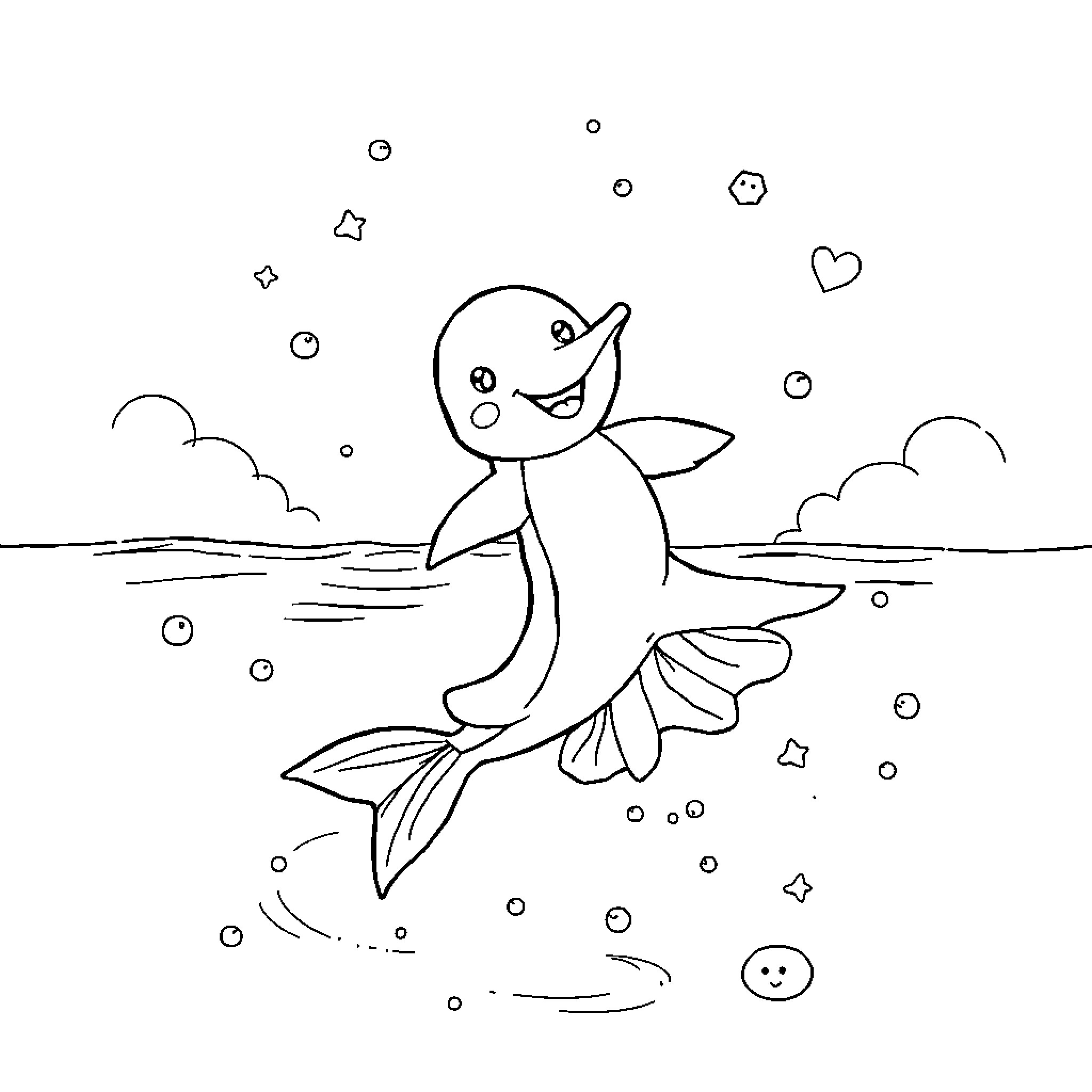Dolphin swimming joyfully in the sea Coloring Page (free black-and-white line drawing printable PDF for all, from beginners to advanced learners, including children, teens, adults, and seniors)