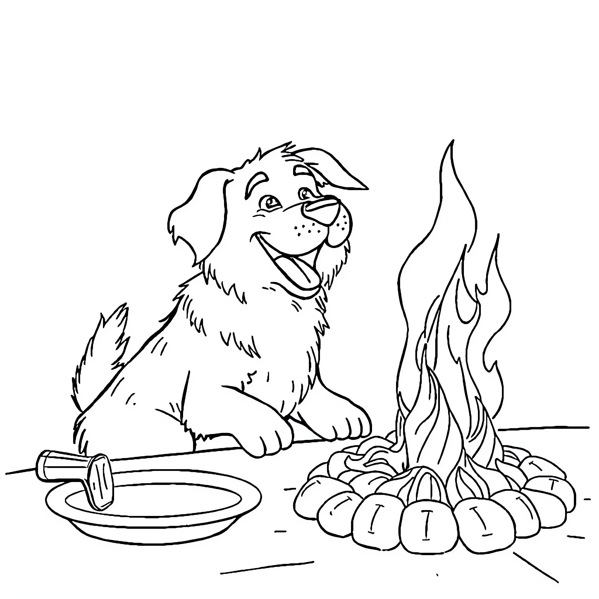 Dog sitting happily by a campfire Coloring Page (free black-and-white line drawing printable PDF for all, from beginners to advanced learners, including children, teens, adults, and seniors)