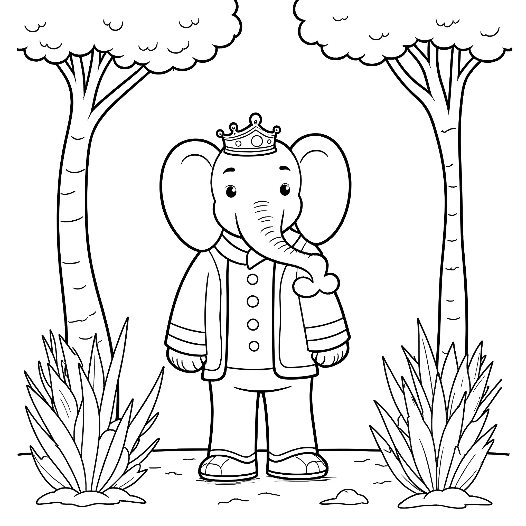 Babar the royal elephant in a forest scene Coloring Page (free black-and-white line drawing printable PDF for all, from beginners to advanced learners, including children, teens, adults, and seniors)