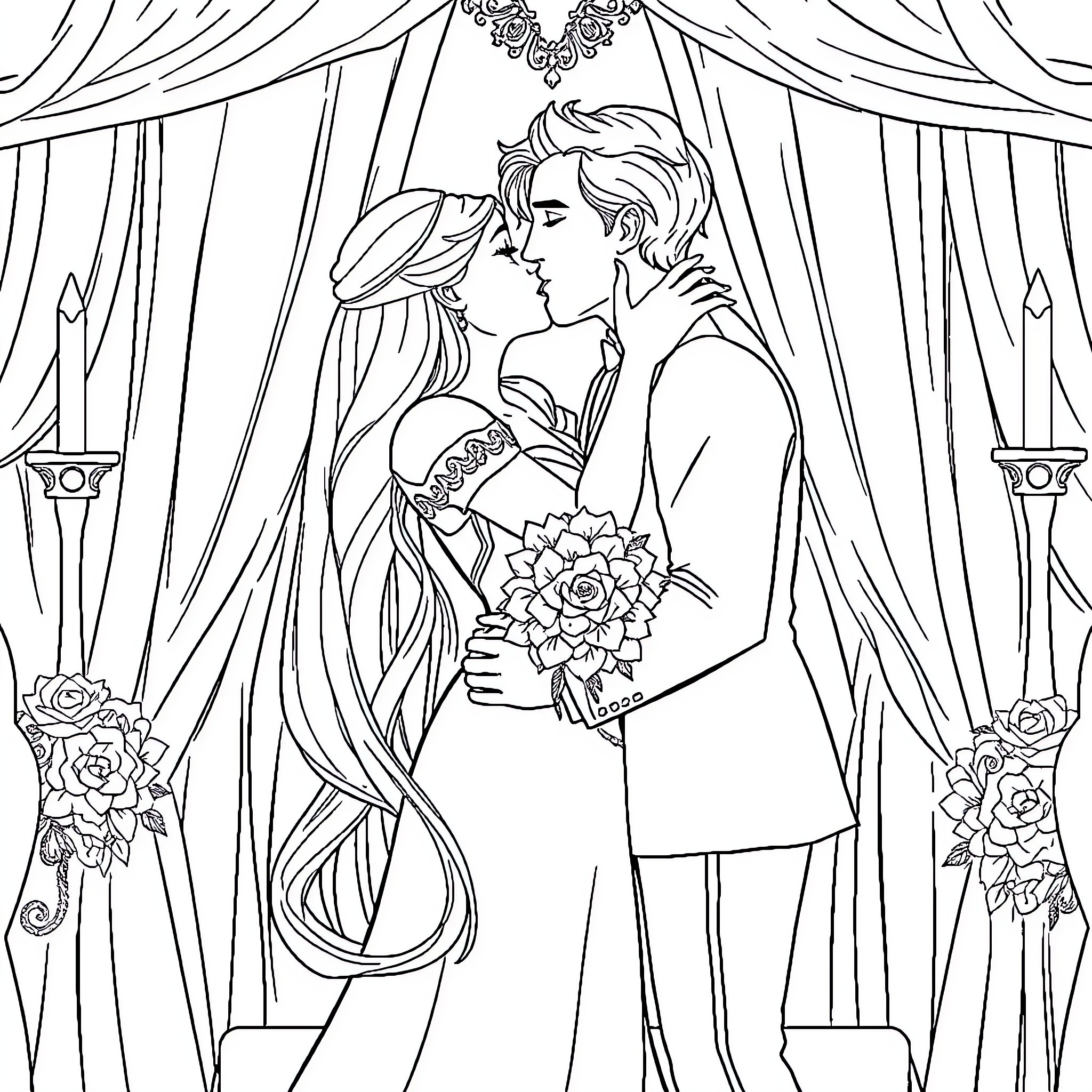 Rapunzel and Prince Charming's Romantic Wedding Coloring Page (free black-and-white line drawing printable PDF for all, from beginners to advanced learners, including children, teens, adults, and seniors)