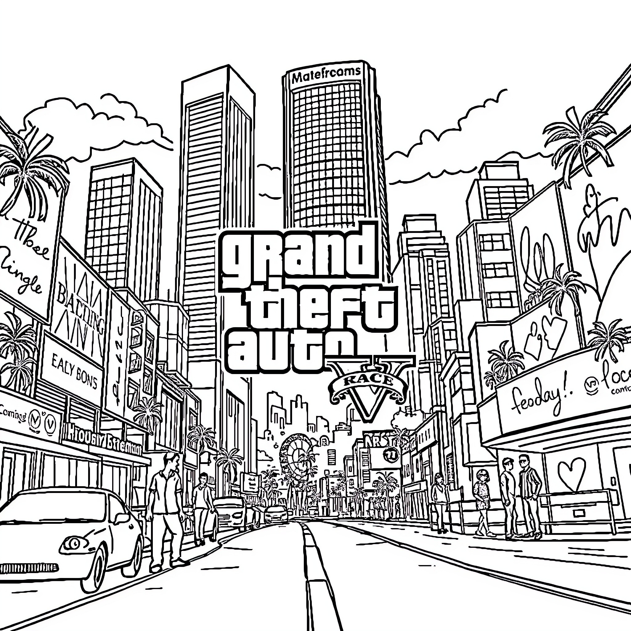 GTA: Bustling City Scenes and Iconic Skyline Coloring Page (free black-and-white line drawing printable PDF for all, from beginners to advanced learners, including children, teens, adults, and seniors)