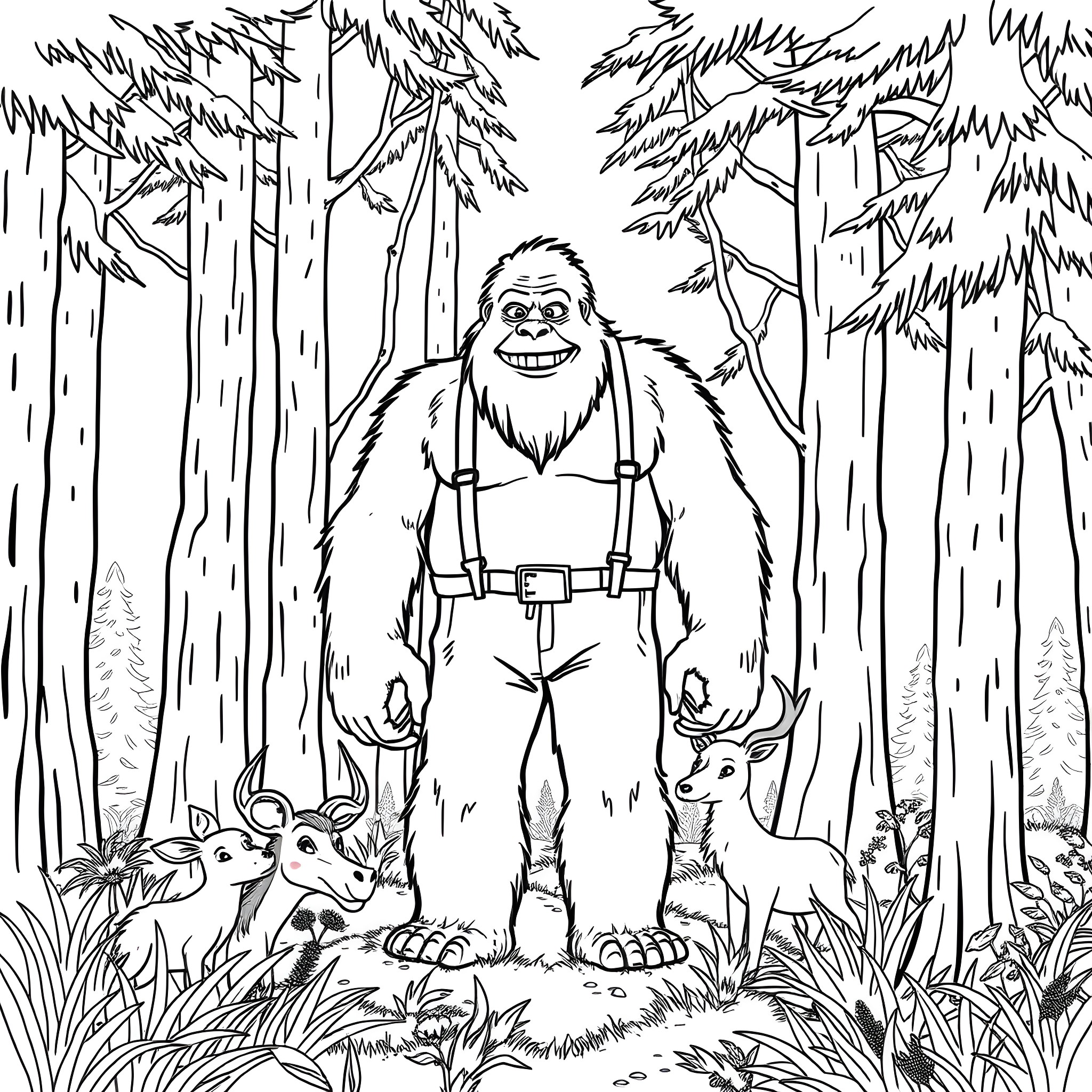 Bigfoot exploring the mysterious forest with woodland creatures Coloring Page (free black-and-white line drawing printable PDF for all, from beginners to advanced learners, including children, teens, adults, and seniors)