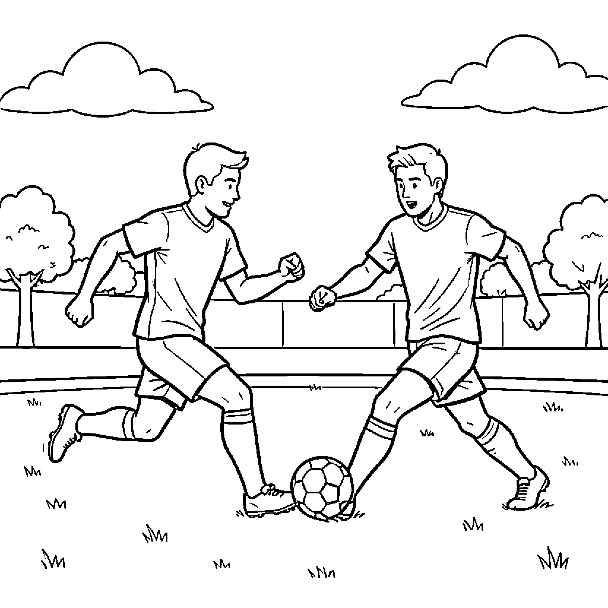 Soccer Players Competing on the Field Coloring Page (free black-and-white line drawing printable PDF for all, from beginners to advanced learners, including children, teens, adults, and seniors)