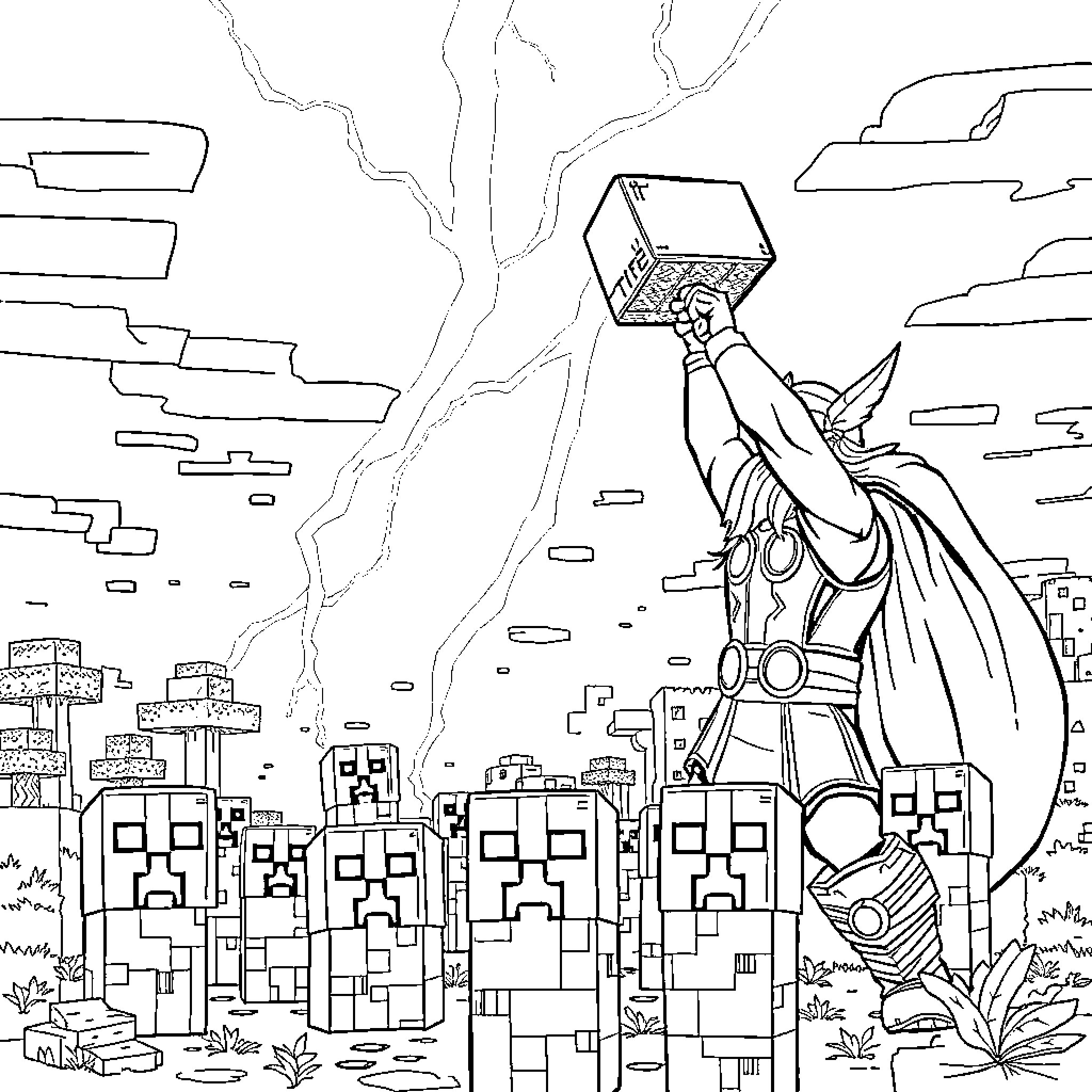 Thor wielding mighty hammer over cityscape Coloring Page (free black-and-white line drawing printable PDF for all, from beginners to advanced learners, including children, teens, adults, and seniors)