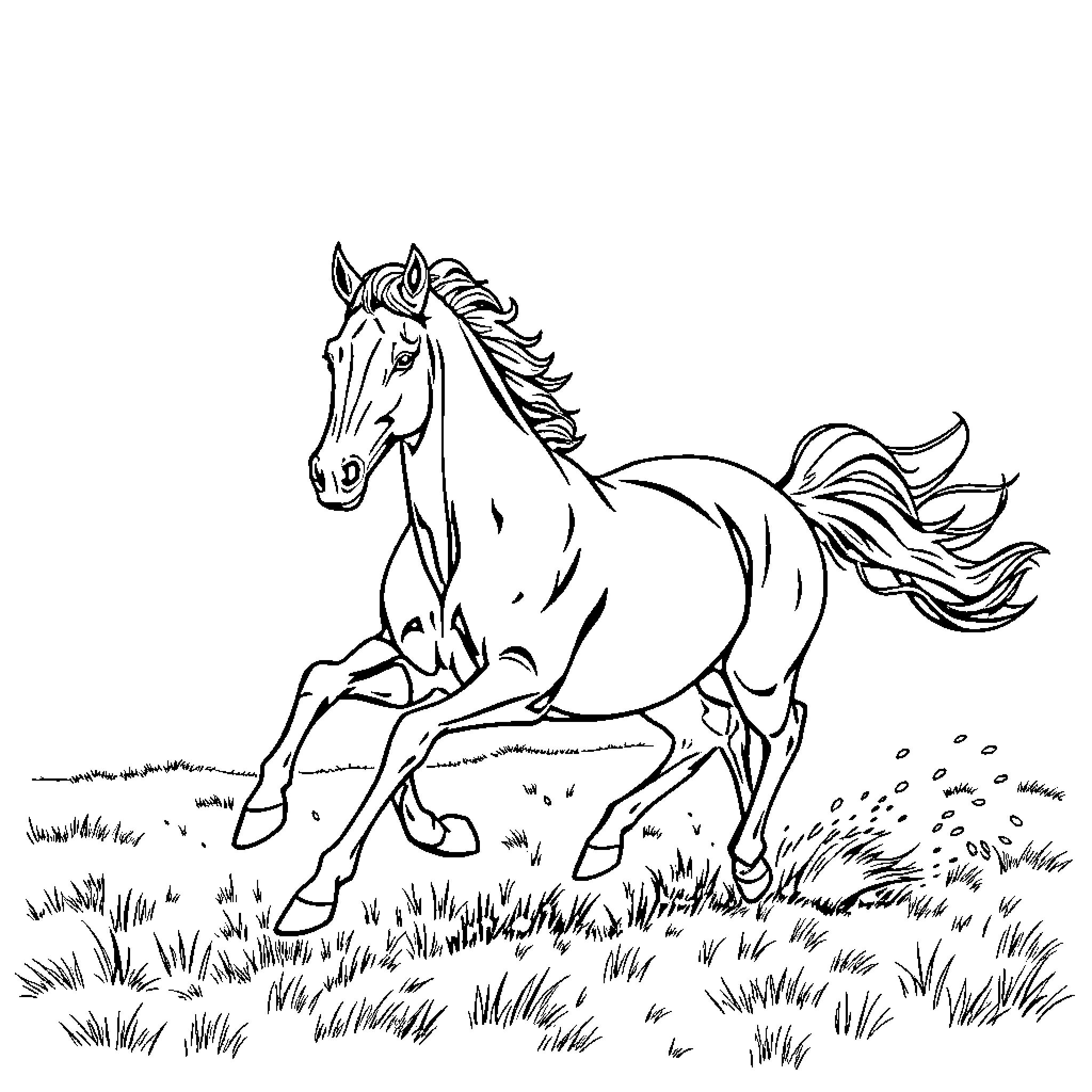 Horse galloping through the meadow Coloring Page (free black-and-white line drawing printable PDF for all, from beginners to advanced learners, including children, teens, adults, and seniors)
