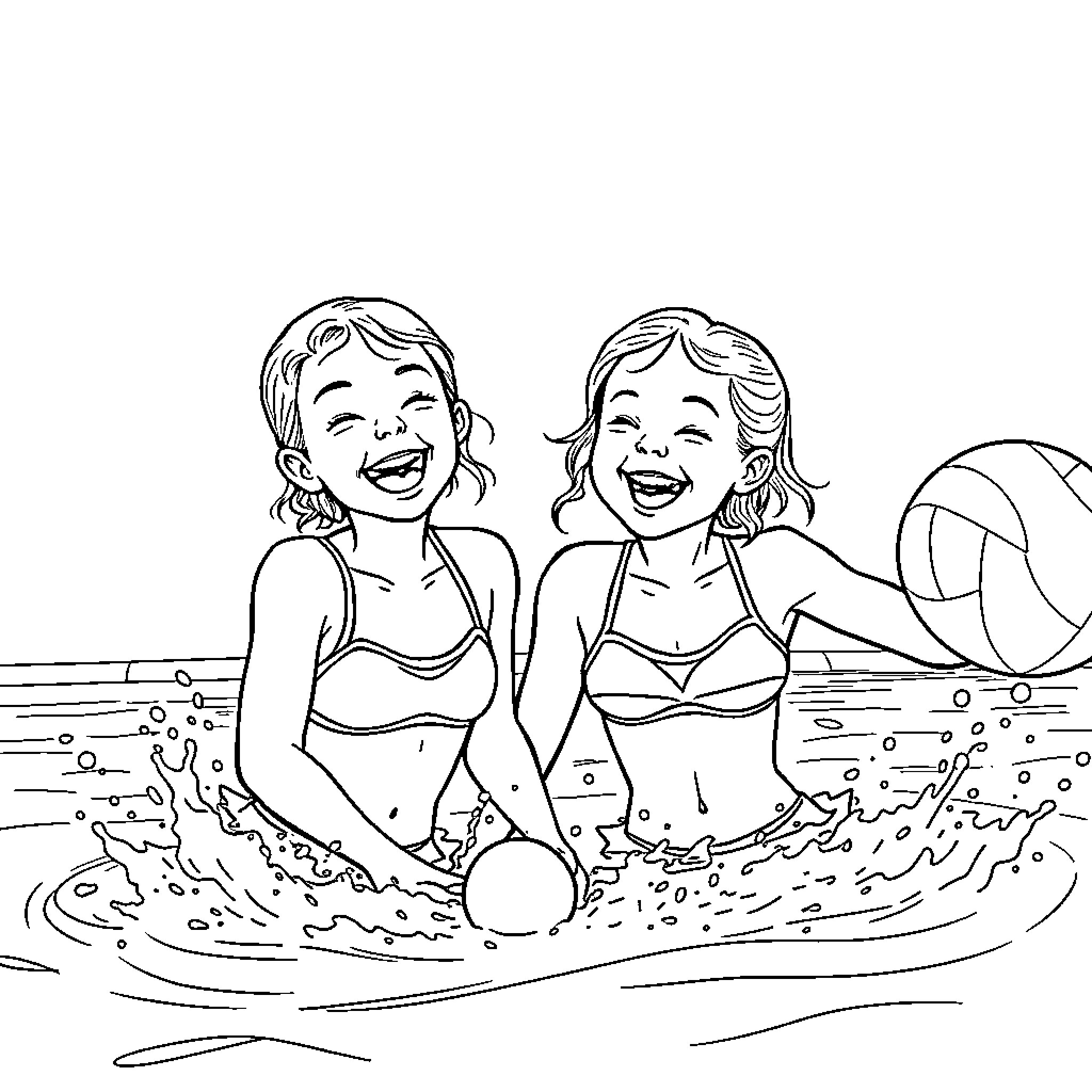 Sisters splashing happily in the water Coloring Page (free black-and-white line drawing printable PDF for all, from beginners to advanced learners, including children, teens, adults, and seniors)