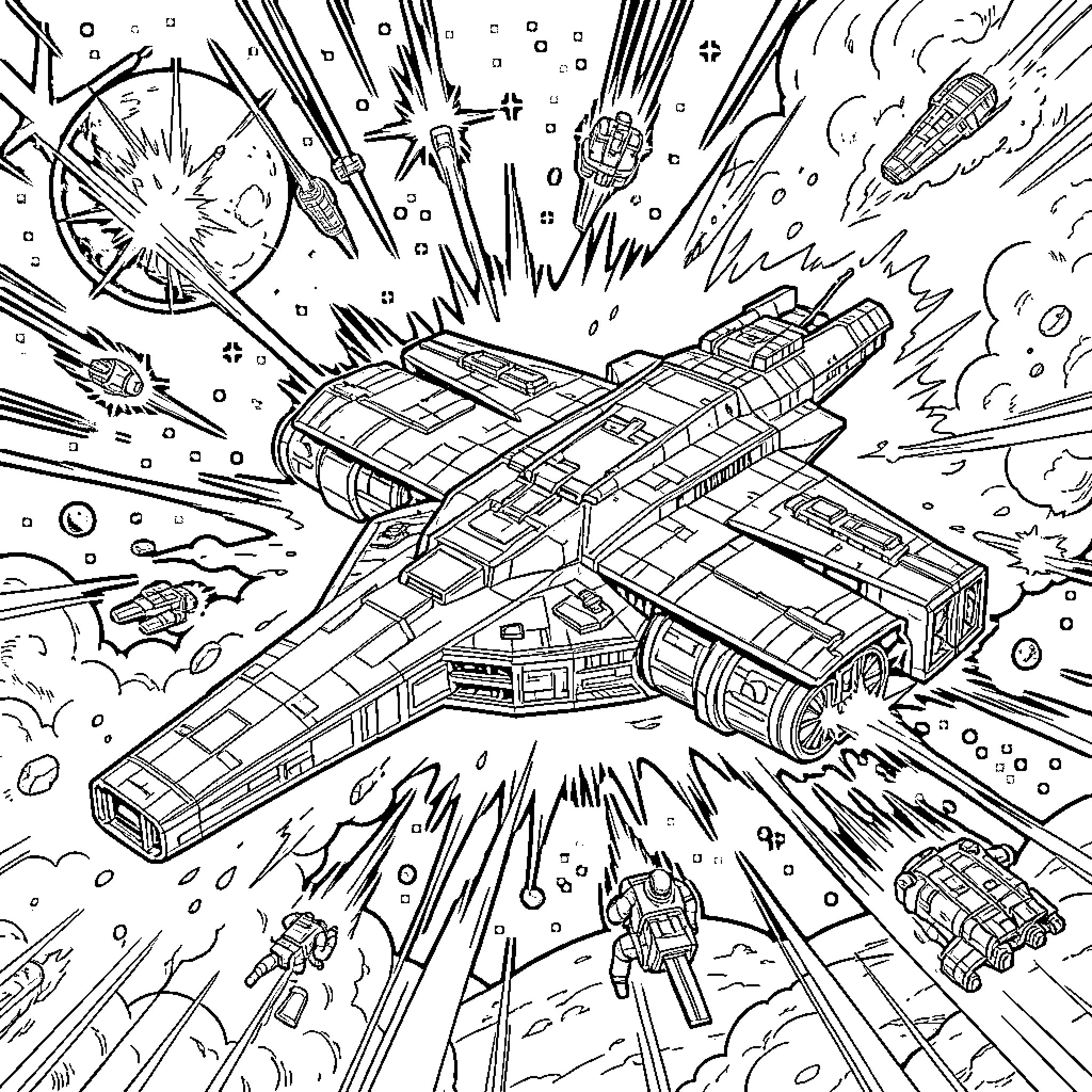 Starships engaged in a massive space battle scene Coloring Page (free black-and-white line drawing printable PDF for all, from beginners to advanced learners, including children, teens, adults, and seniors)