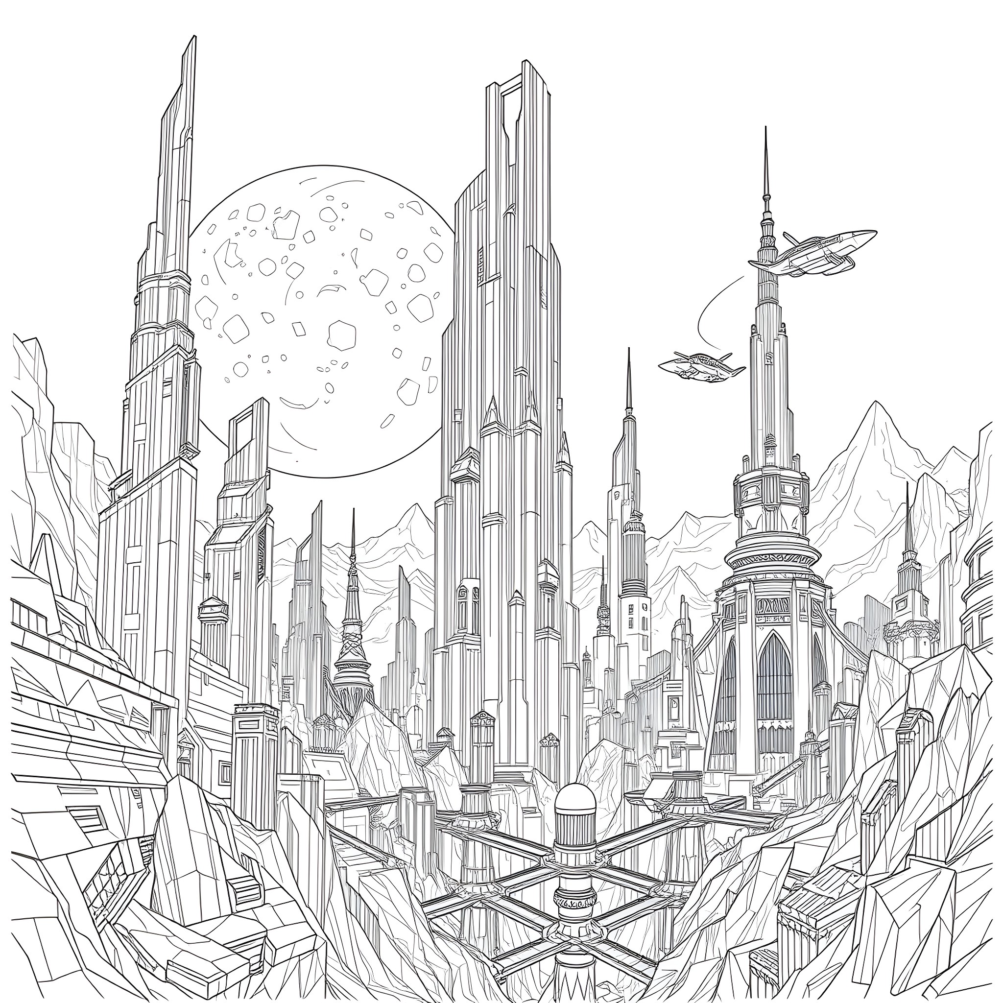 Moon over the futuristic city skyline Coloring Page (free black-and-white line drawing printable PDF for all, from beginners to advanced learners, including children, teens, adults, and seniors)