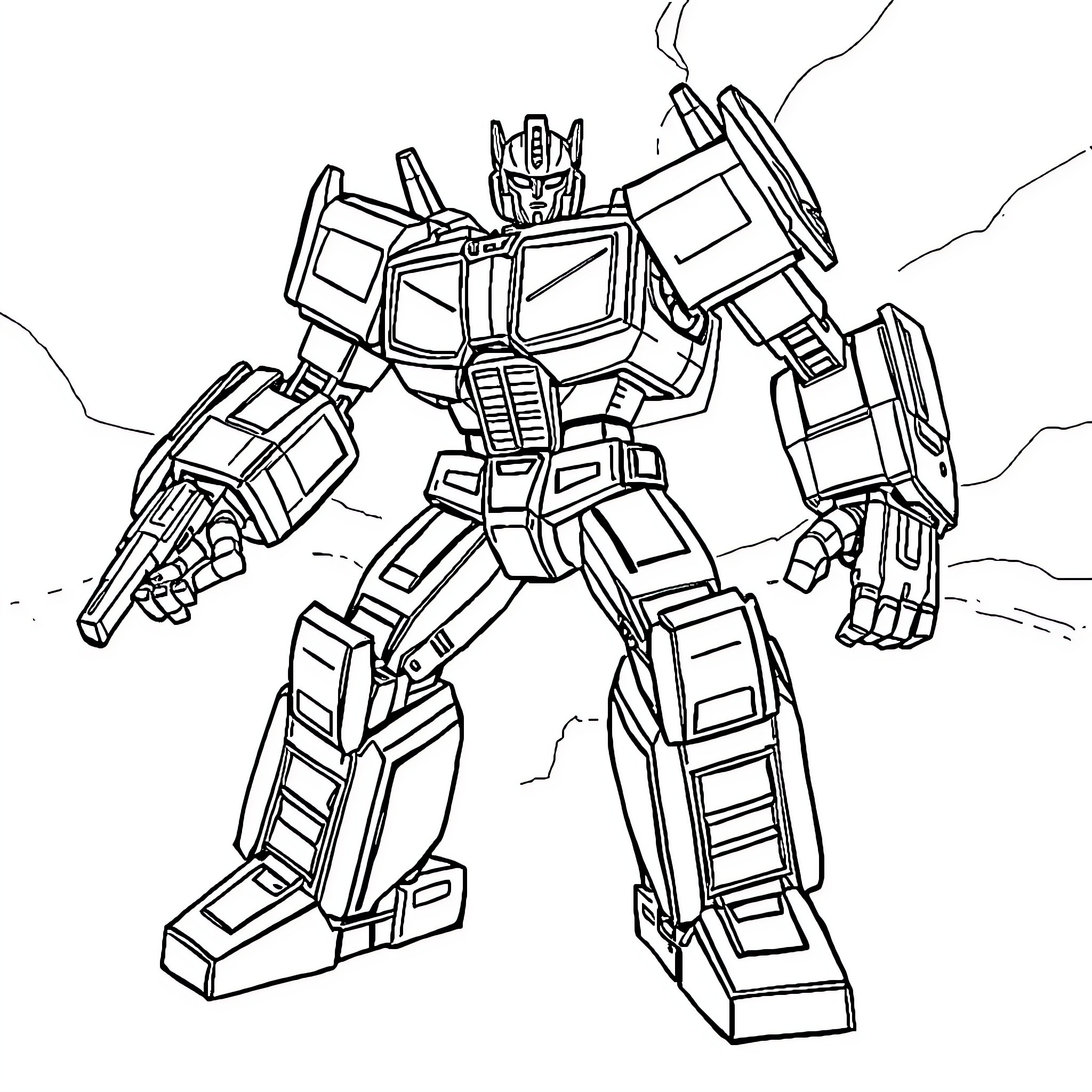 Transformer robot in heroic pose Coloring Page (free black-and-white line drawing printable PDF for all, from beginners to advanced learners, including children, teens, adults, and seniors)