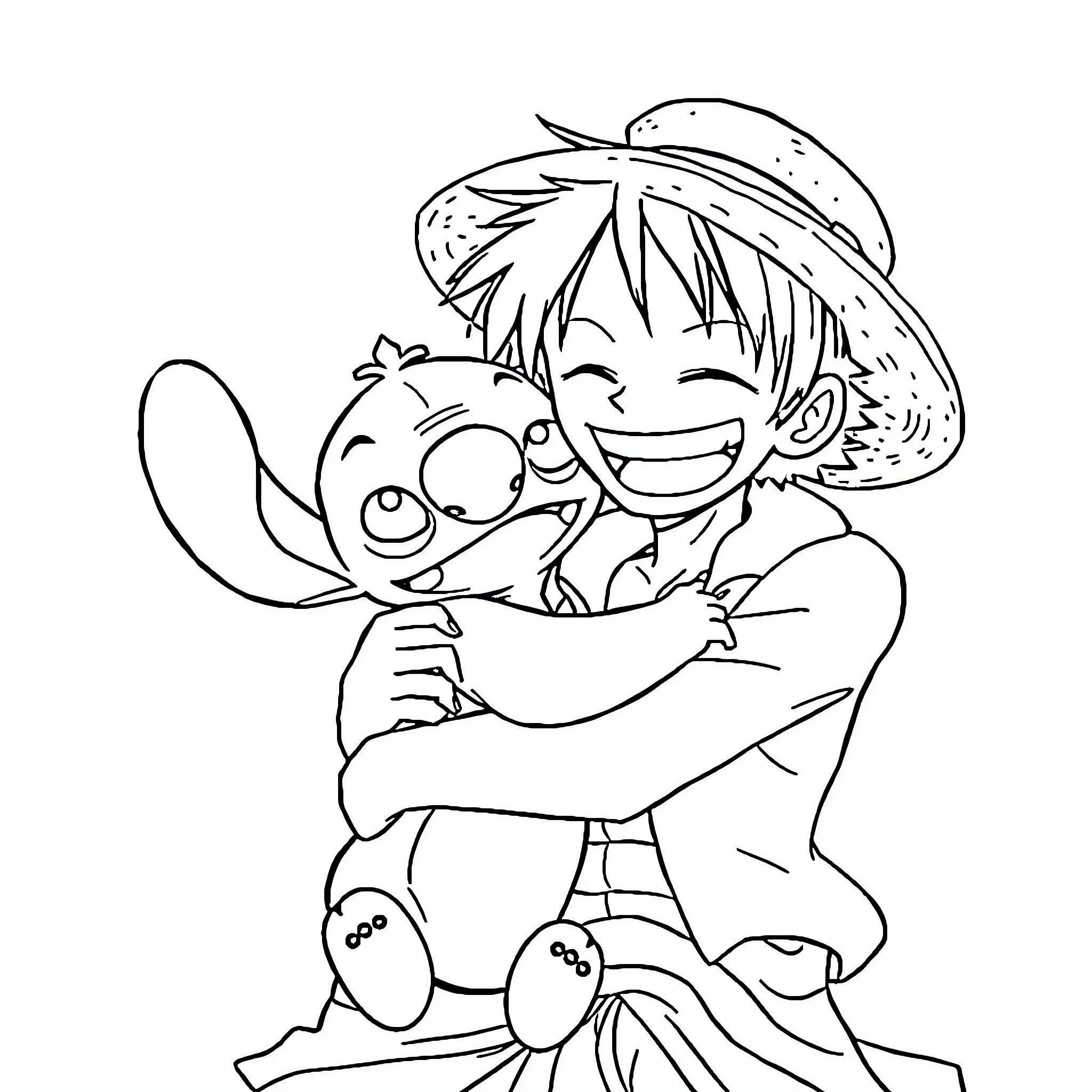 Stitch hugging a smiling boy in a playful embrace Coloring Page (free black-and-white line drawing printable PDF for all, from beginners to advanced learners, including children, teens, adults, and seniors)