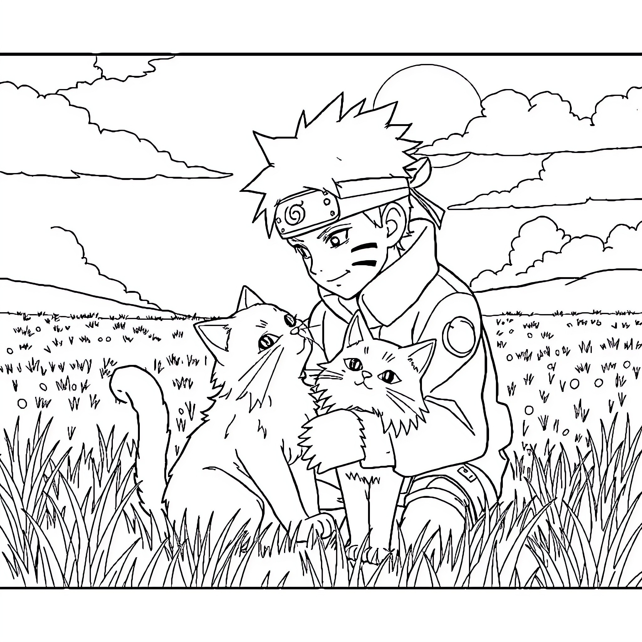 Naruto exploring the wilderness with his furry companion Coloring Page (free black-and-white line drawing printable PDF for all, from beginners to advanced learners, including children, teens, adults, and seniors)