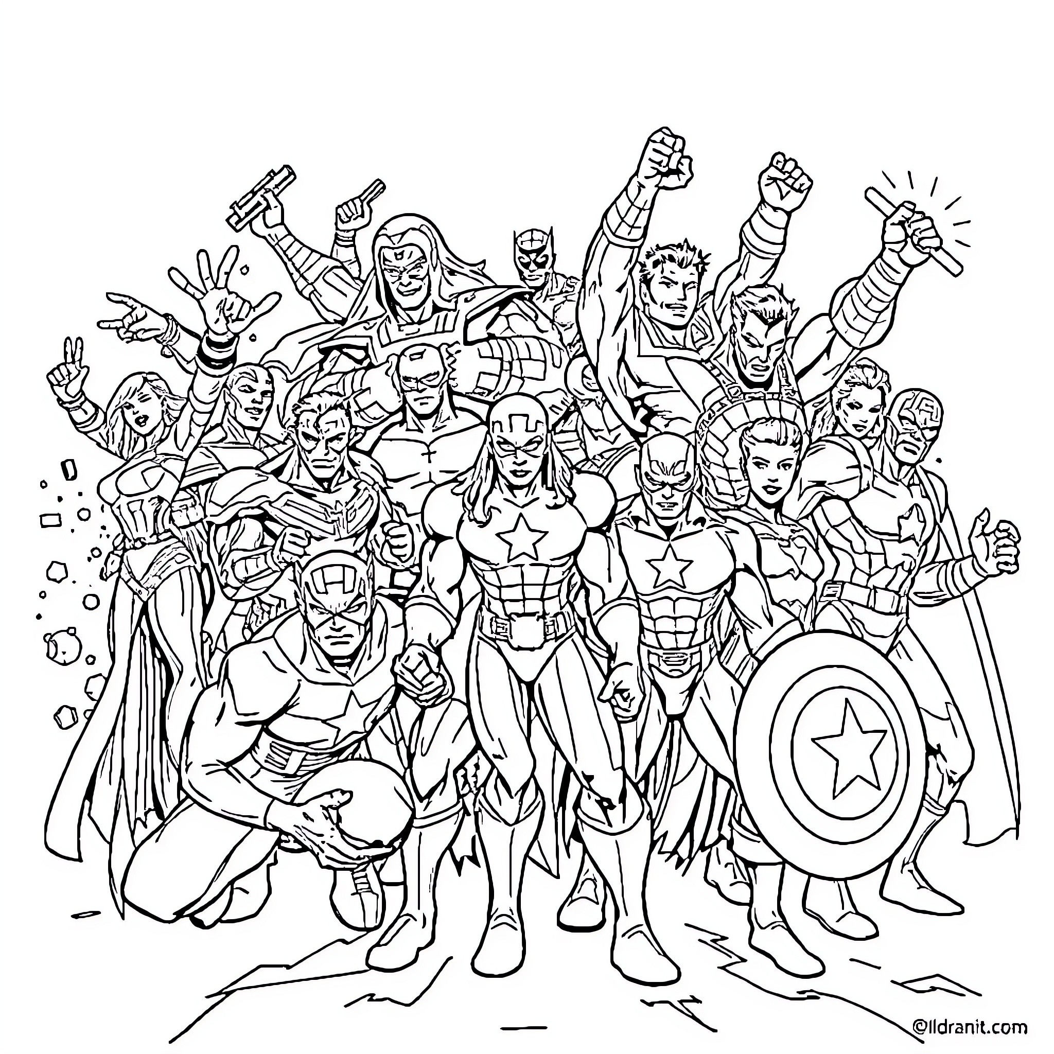 Marvel Heroes Assemble in Epic Superhero Showcase Coloring Page (free black-and-white line drawing printable PDF for all, from beginners to advanced learners, including children, teens, adults, and seniors)