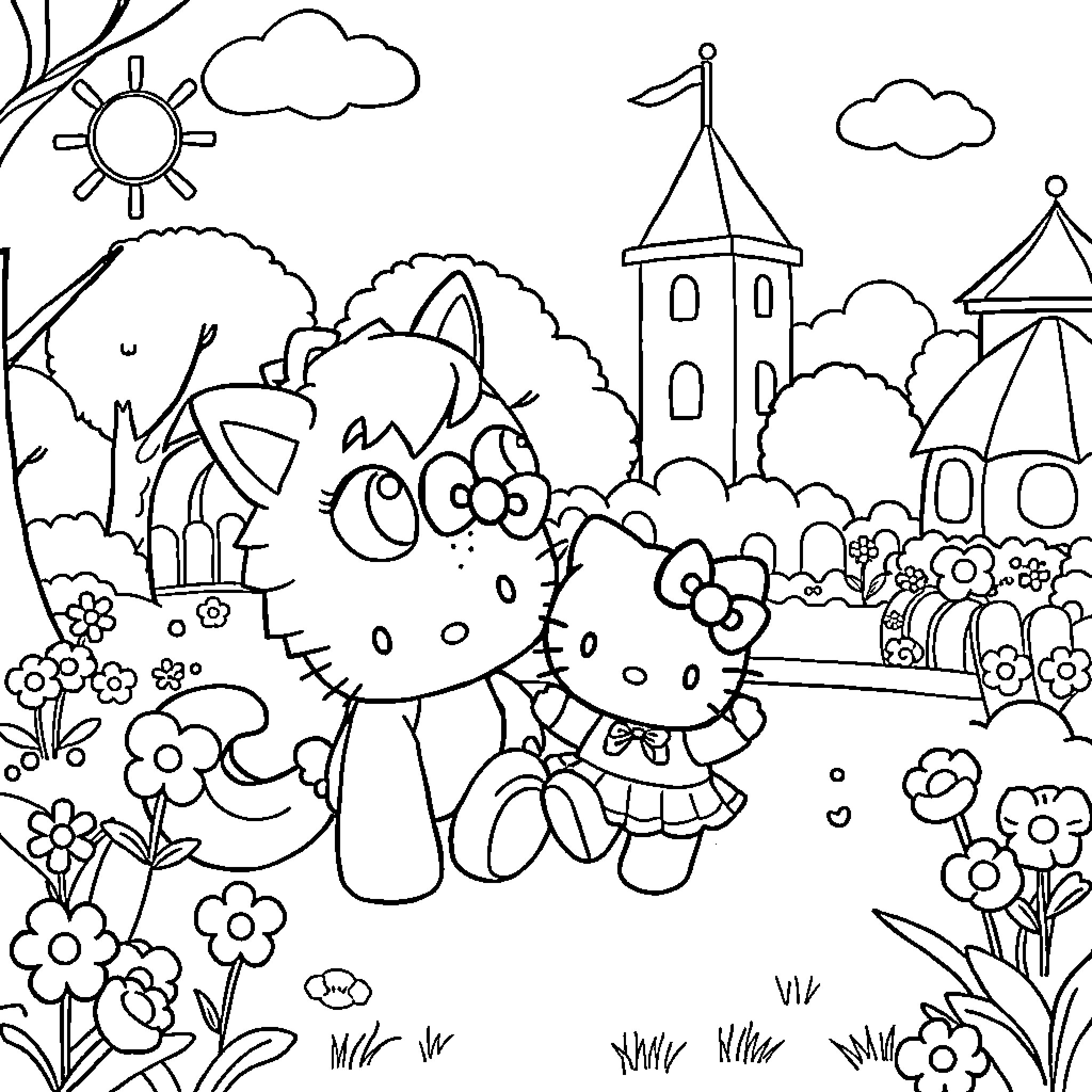 Hello Kitty's Whimsical Park Adventure Coloring Page (free black-and-white line drawing printable PDF for all, from beginners to advanced learners, including children, teens, adults, and seniors)