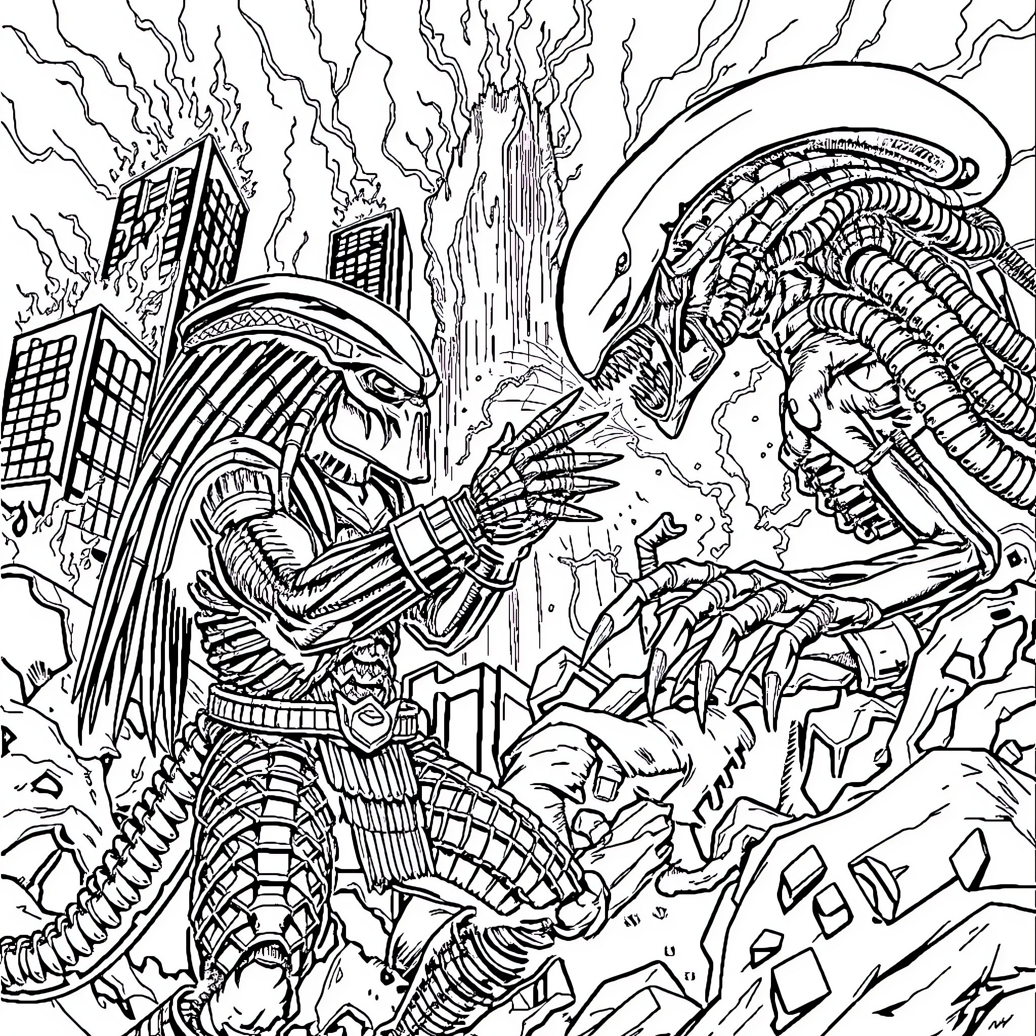 Predator vs. Xenomorph in Futuristic City Battle Coloring Page (free black-and-white line drawing printable PDF for all, from beginners to advanced learners, including children, teens, adults, and seniors)