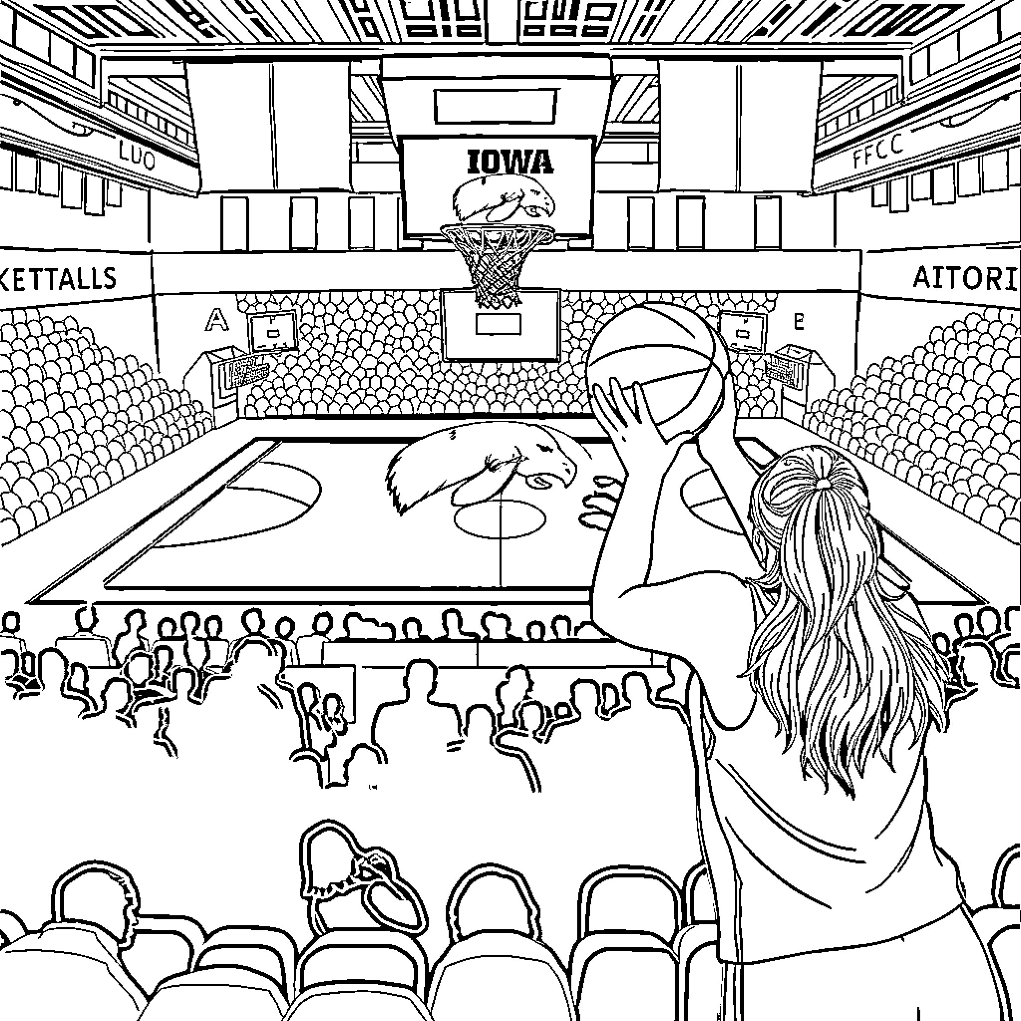 Caitlin Clark Dominates the Basketball Court Coloring Page (free black-and-white line drawing printable PDF for all, from beginners to advanced learners, including children, teens, adults, and seniors)