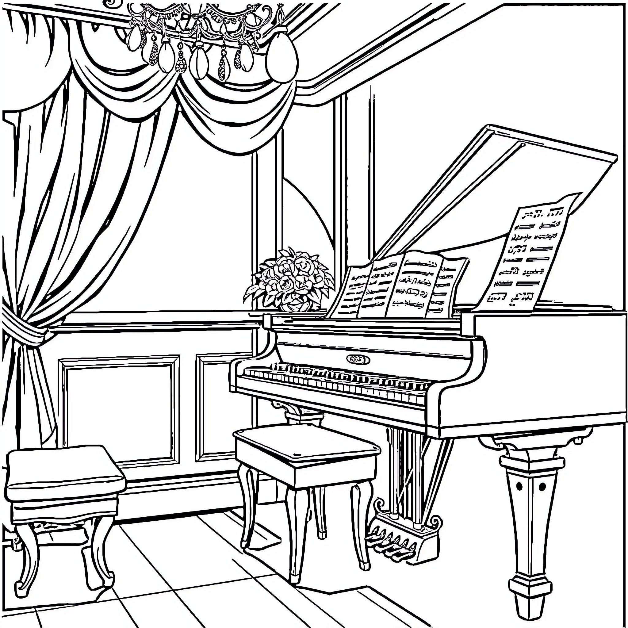 Piano on stage with ornate curtains and decor Coloring Page (free black-and-white line drawing printable PDF for all, from beginners to advanced learners, including children, teens, adults, and seniors)