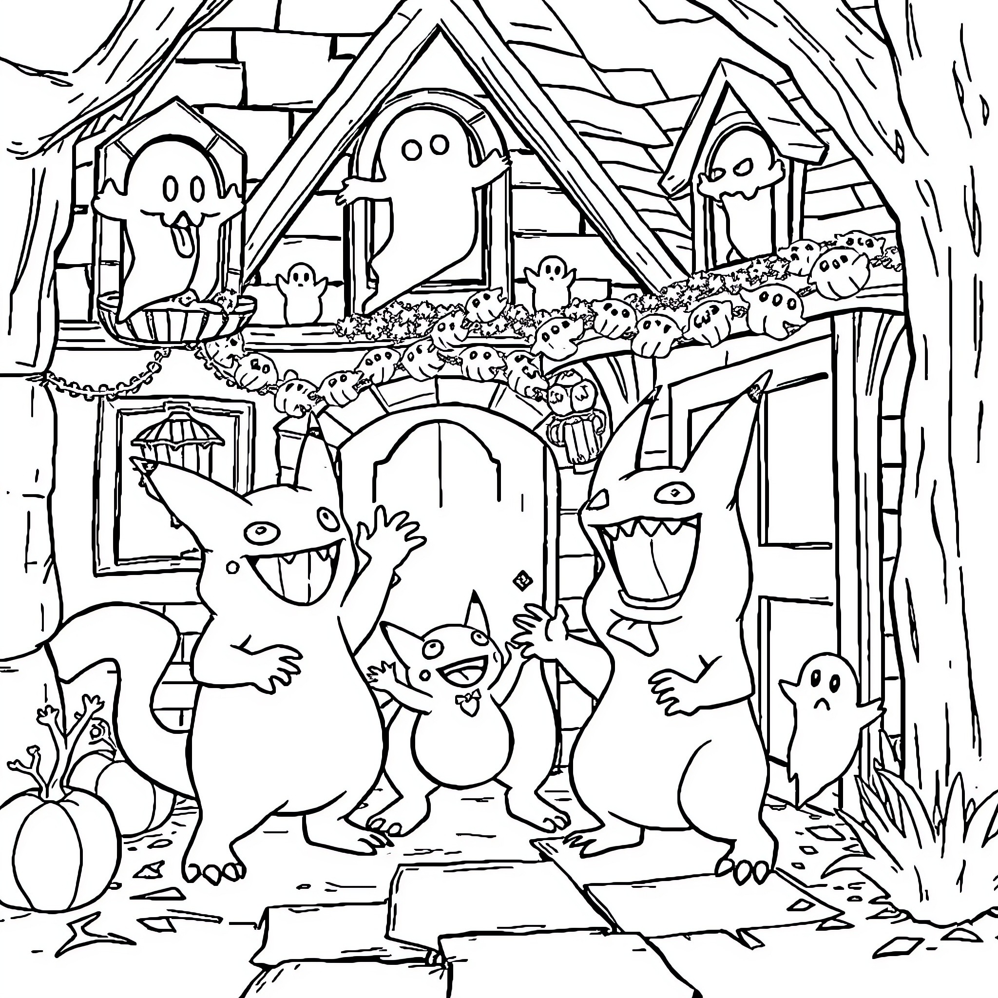 Gengar and Ghost Pokemon in a Spooky Neighborhood Coloring Page (free black-and-white line drawing printable PDF for all, from beginners to advanced learners, including children, teens, adults, and seniors)