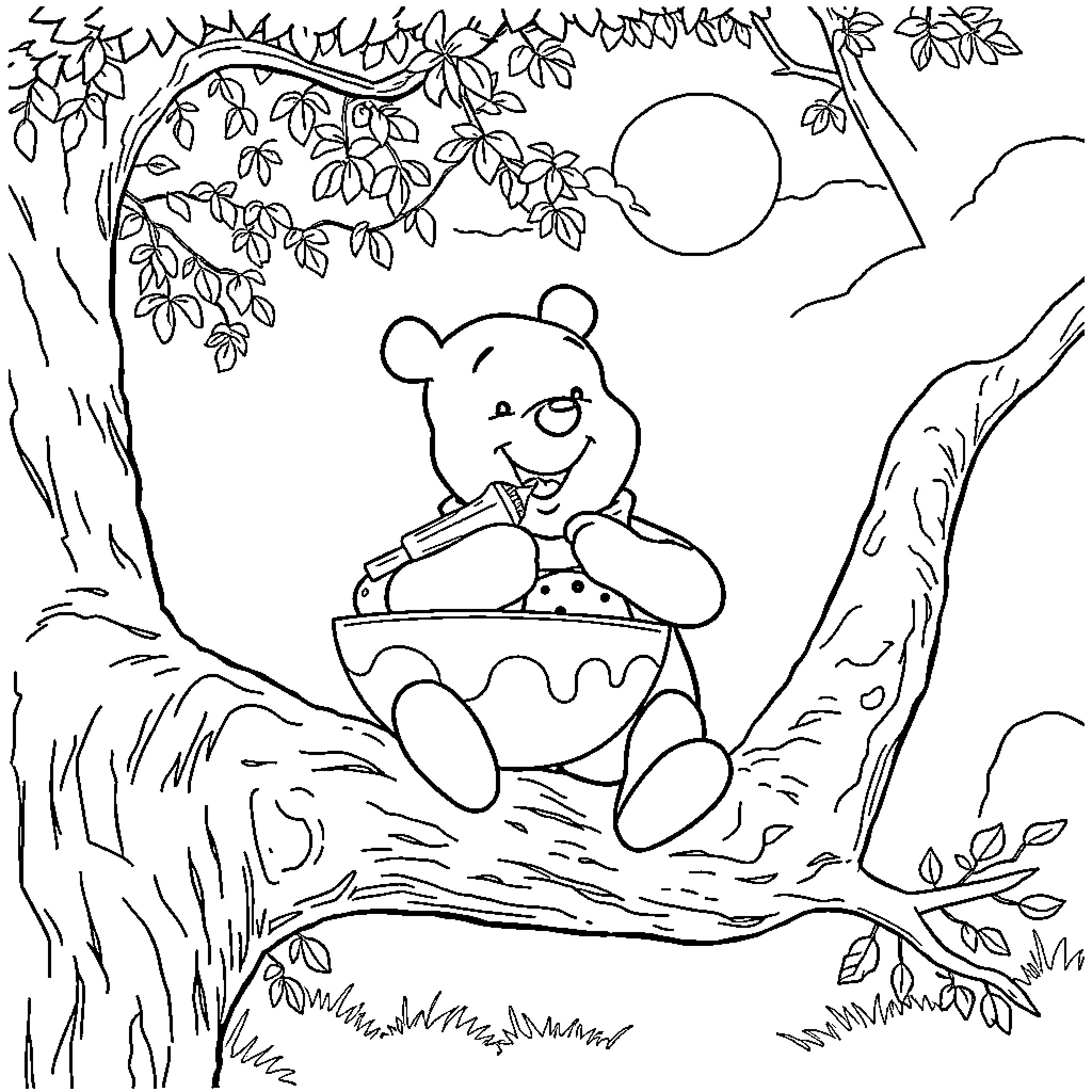 Winnie The Pooh enjoying a picnic in the forest Coloring Page (free black-and-white line drawing printable PDF for all, from beginners to advanced learners, including children, teens, adults, and seniors)