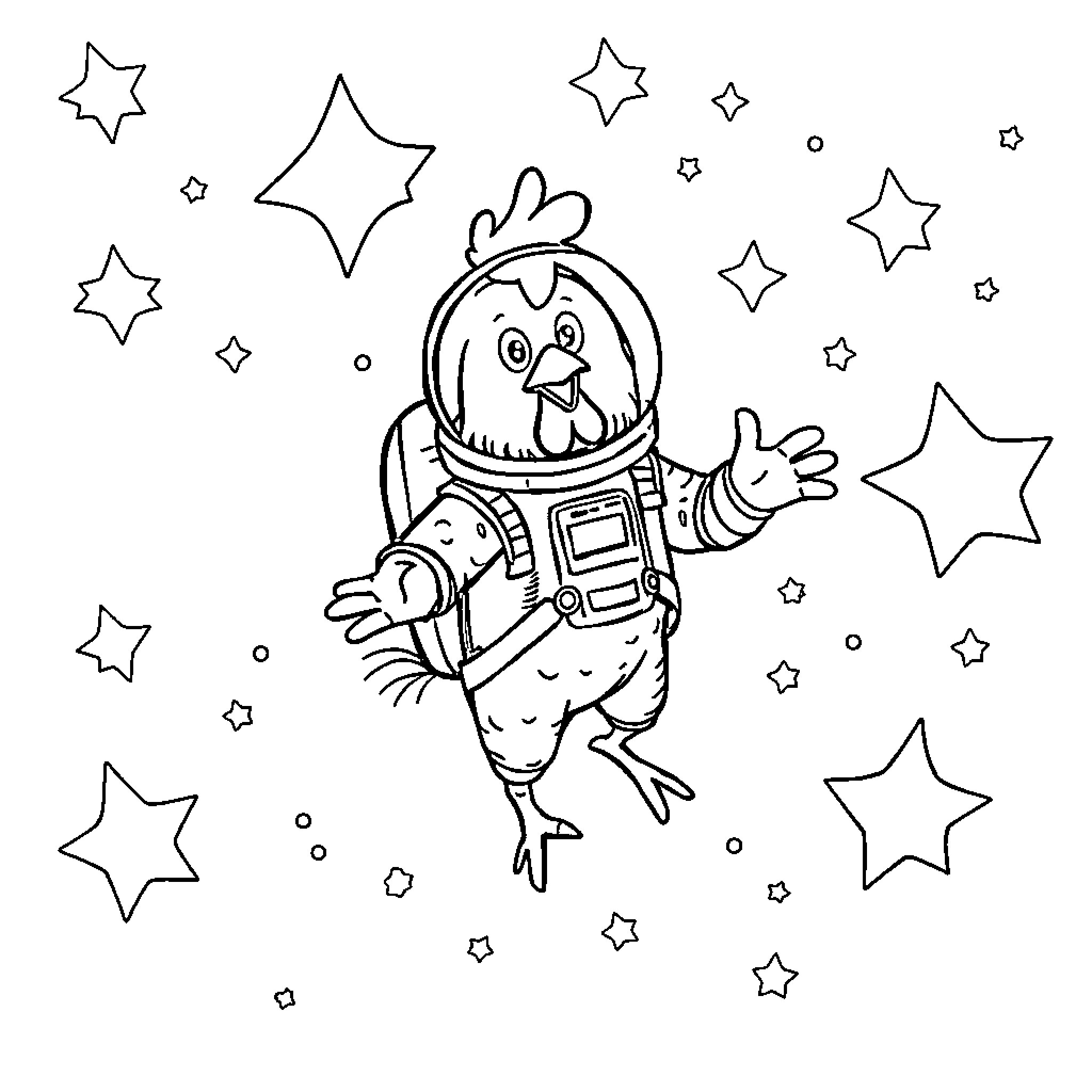 Chicken astronaut exploring the starry galaxy Coloring Page (free black-and-white line drawing printable PDF for all, from beginners to advanced learners, including children, teens, adults, and seniors)