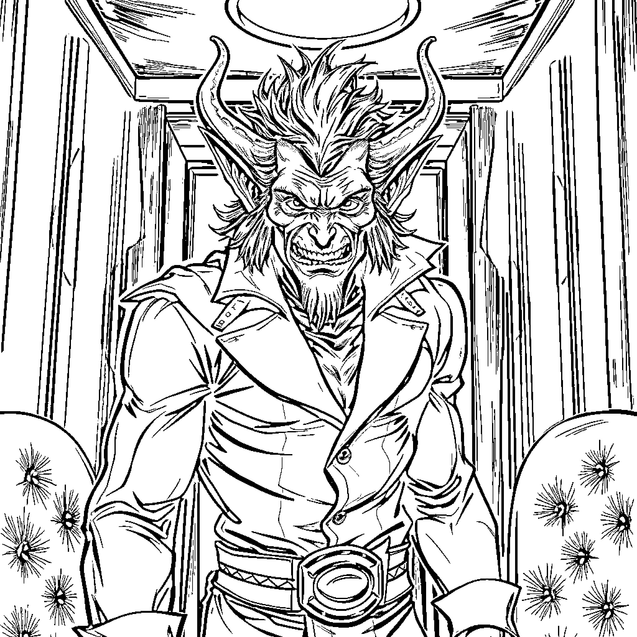 Hobgoblin: Menacing Presence in an Ornate Chamber Coloring Page (free black-and-white line drawing printable PDF for all, from beginners to advanced learners, including children, teens, adults, and seniors)