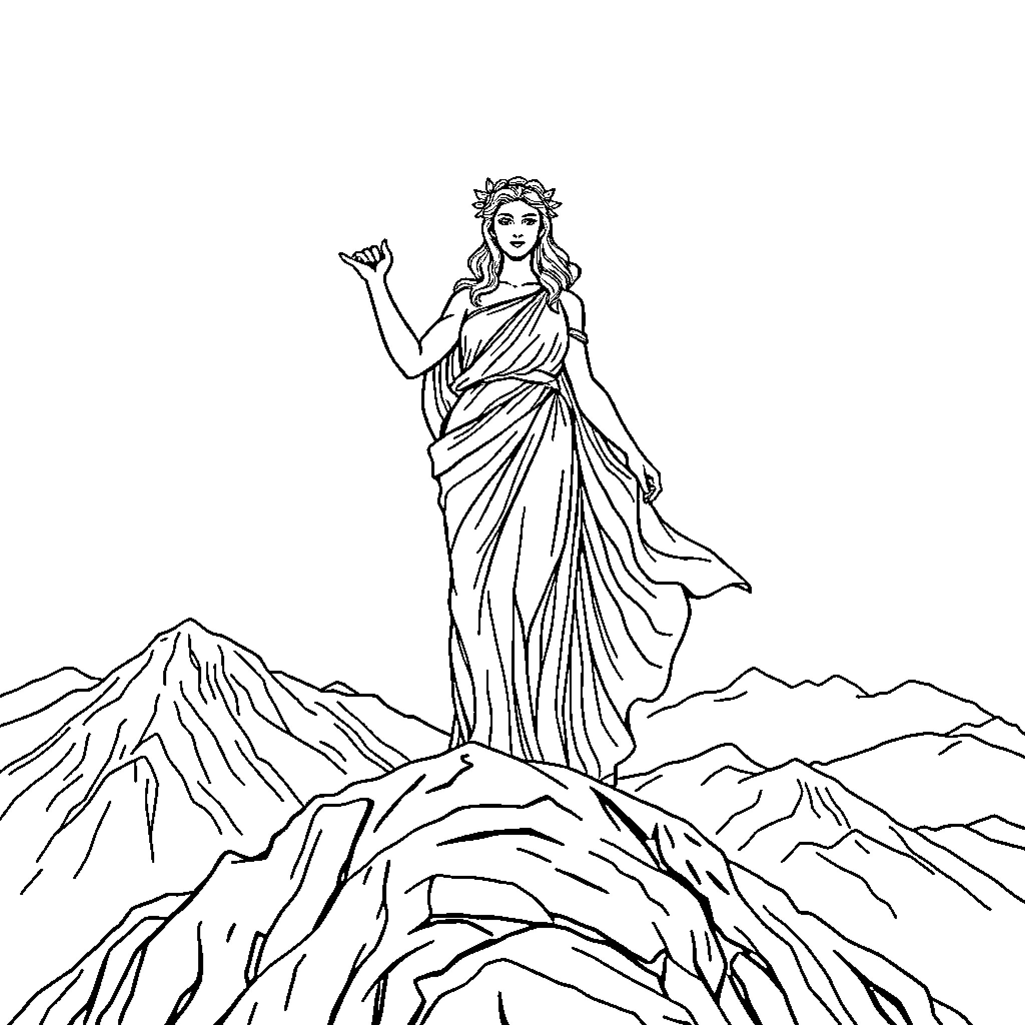 Goddess standing tall amidst the majestic mountains Coloring Page (free black-and-white line drawing printable PDF for all, from beginners to advanced learners, including children, teens, adults, and seniors)