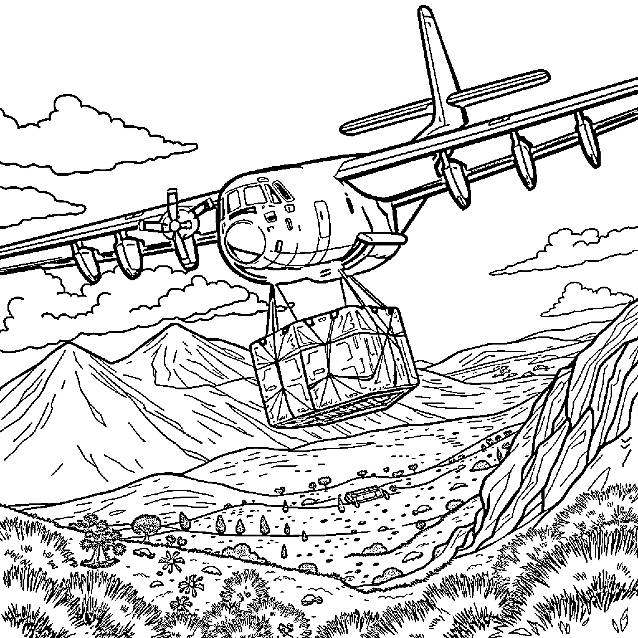 C-130J transport plane in mountain landscape Coloring Page (free black-and-white line drawing printable PDF for all, from beginners to advanced learners, including children, teens, adults, and seniors)