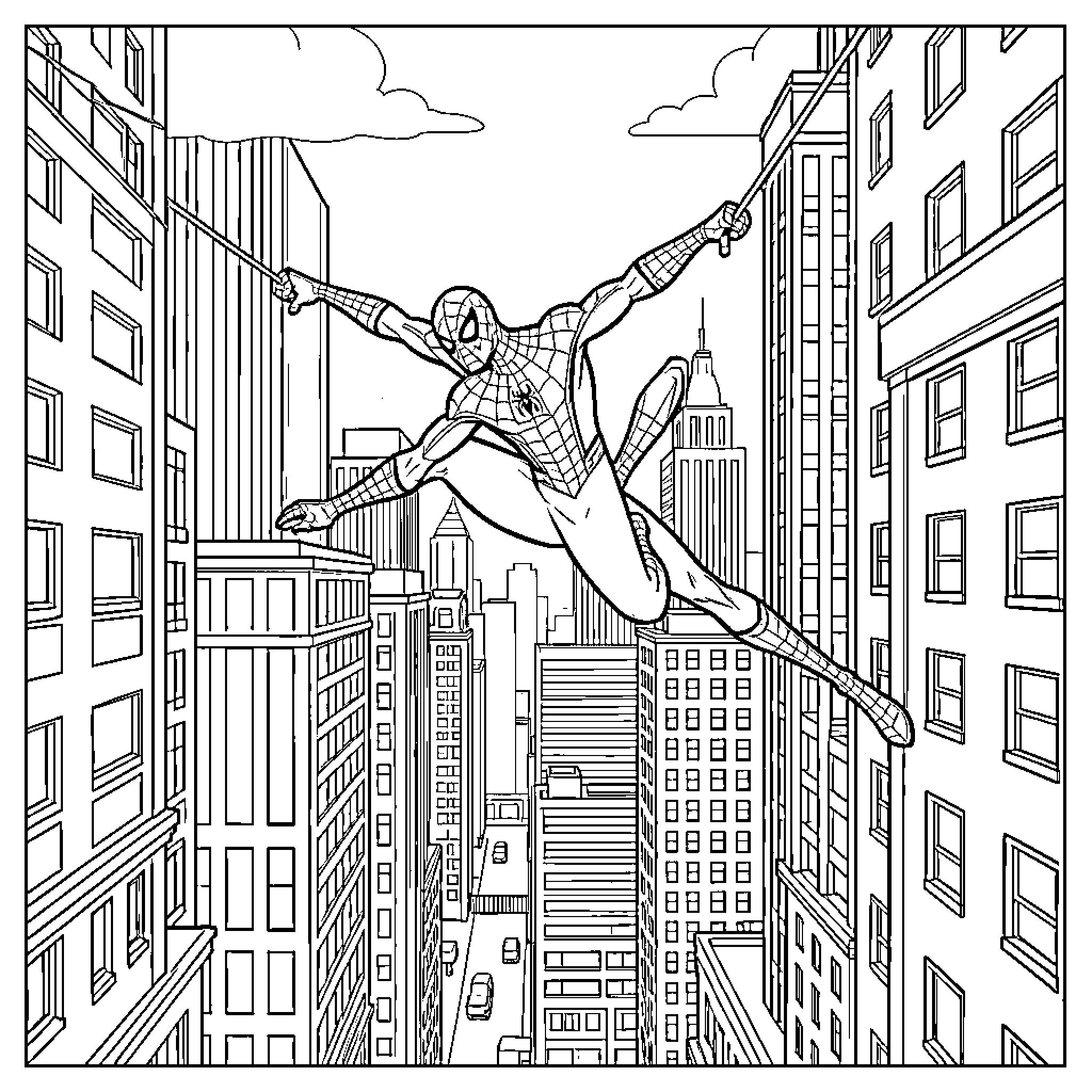Spiderman swinging through the tall city skyscrapers Coloring Page (free black-and-white line drawing printable PDF for all, from beginners to advanced learners, including children, teens, adults, and seniors)
