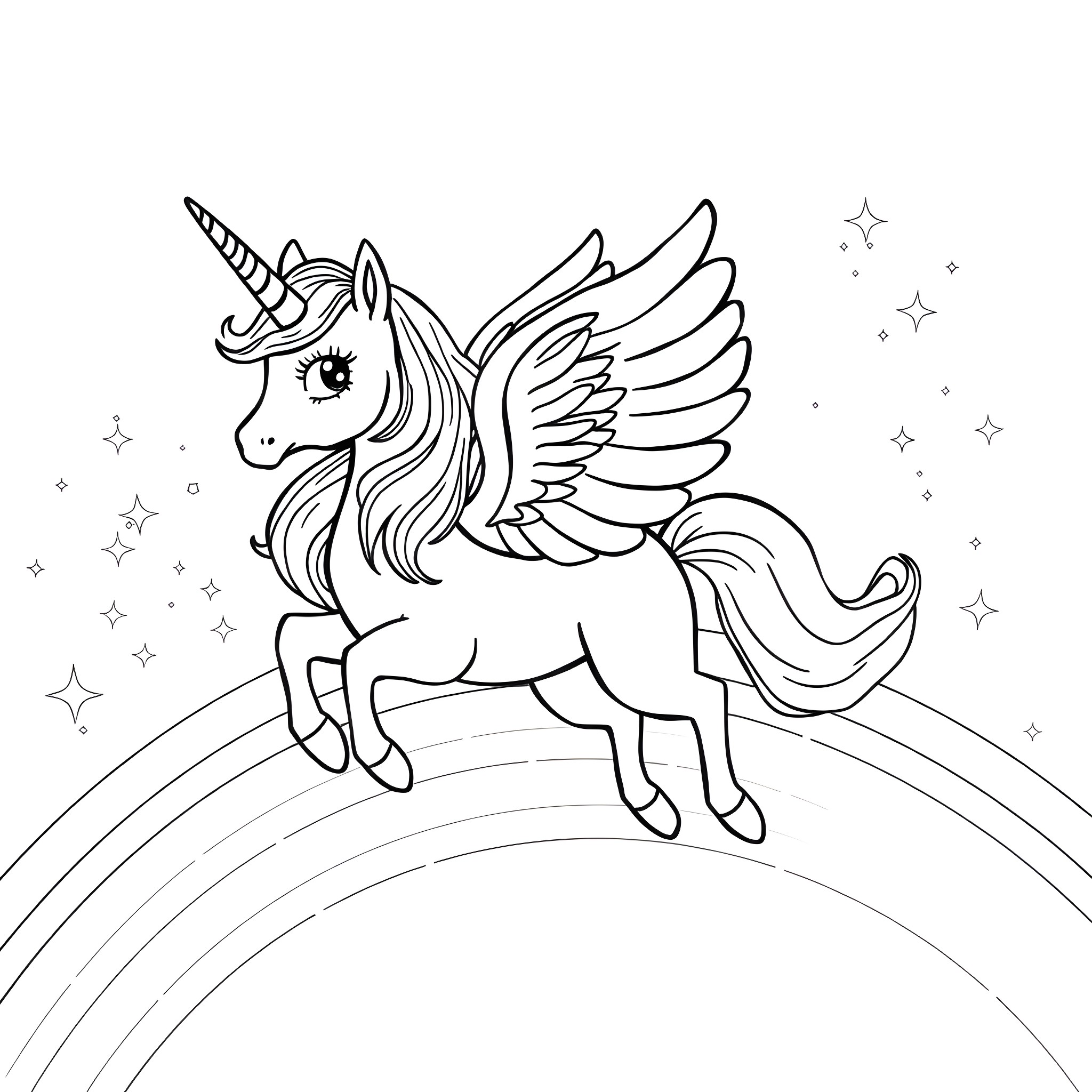 Thumbalina's Magical Pegasus Adventure Coloring Page (free black-and-white line drawing printable PDF for all, from beginners to advanced learners, including children, teens, adults, and seniors)