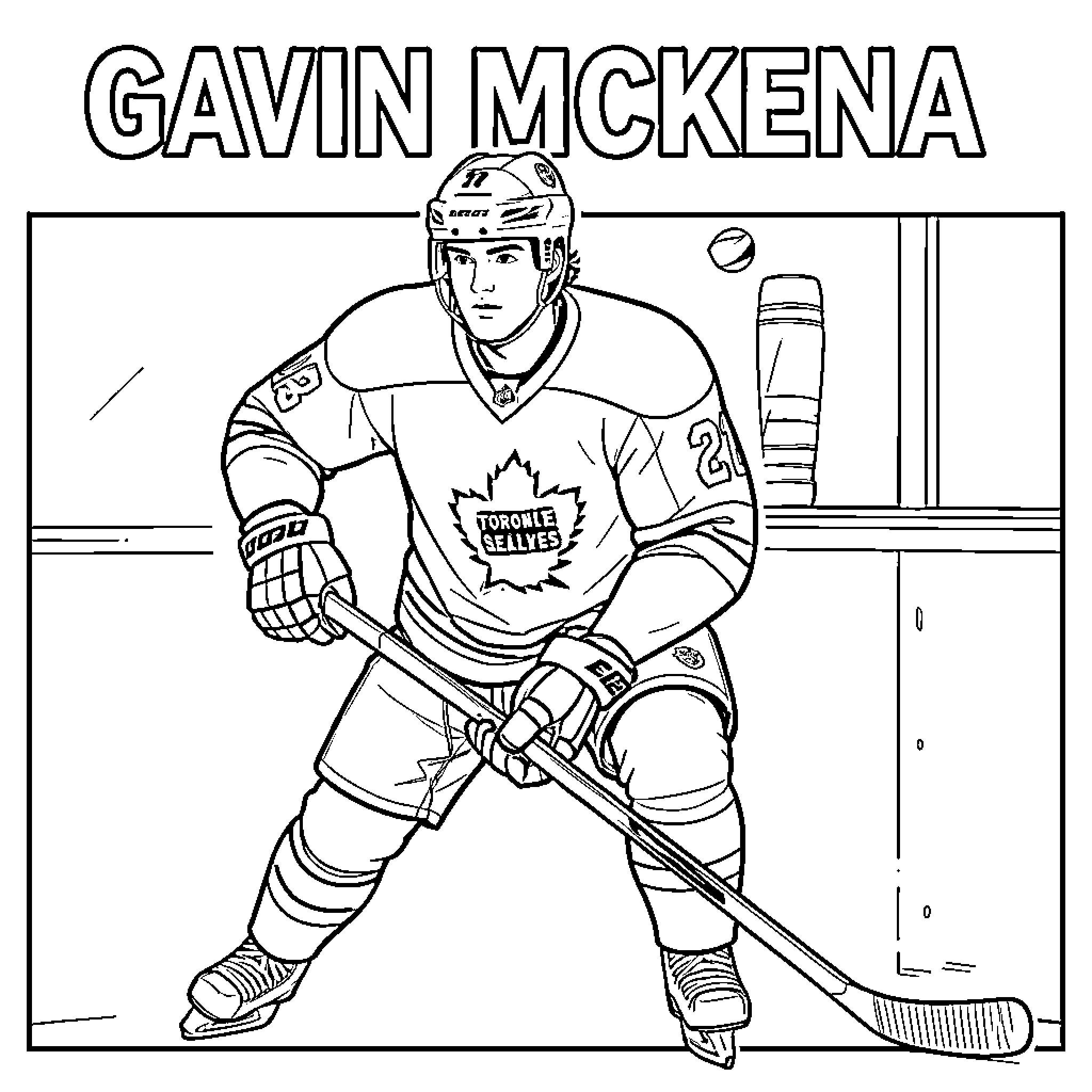 Gavin McKenna playing hockey in full gear Coloring Page (free black-and-white line drawing printable PDF for all, from beginners to advanced learners, including children, teens, adults, and seniors)