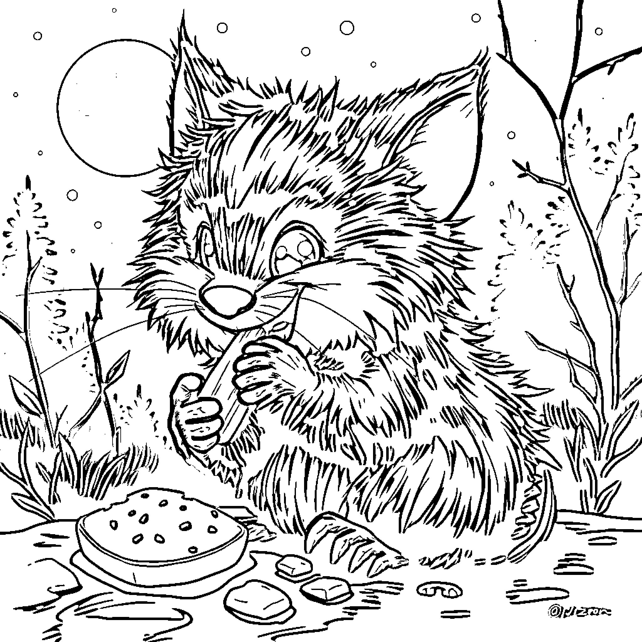 Gizmo the Furry Friend's Nighttime Snack Coloring Page (free black-and-white line drawing printable PDF for all, from beginners to advanced learners, including children, teens, adults, and seniors)