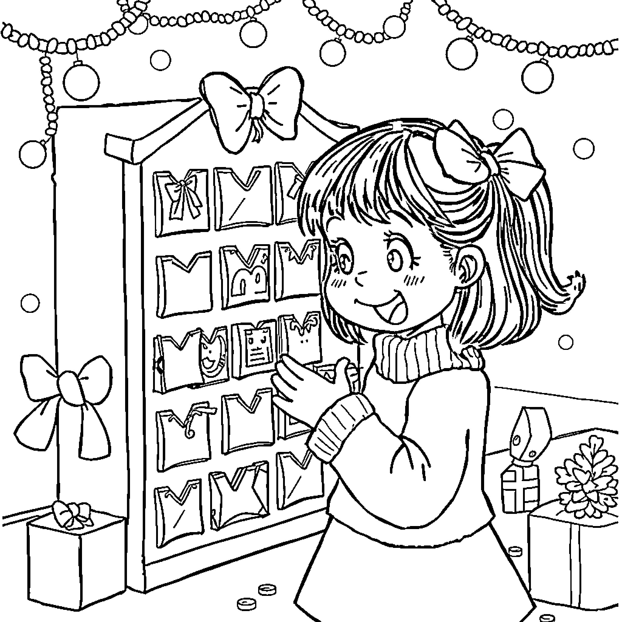 Girl excitedly looking at holiday decorations Coloring Page (free black-and-white line drawing printable PDF for all, from beginners to advanced learners, including children, teens, adults, and seniors)