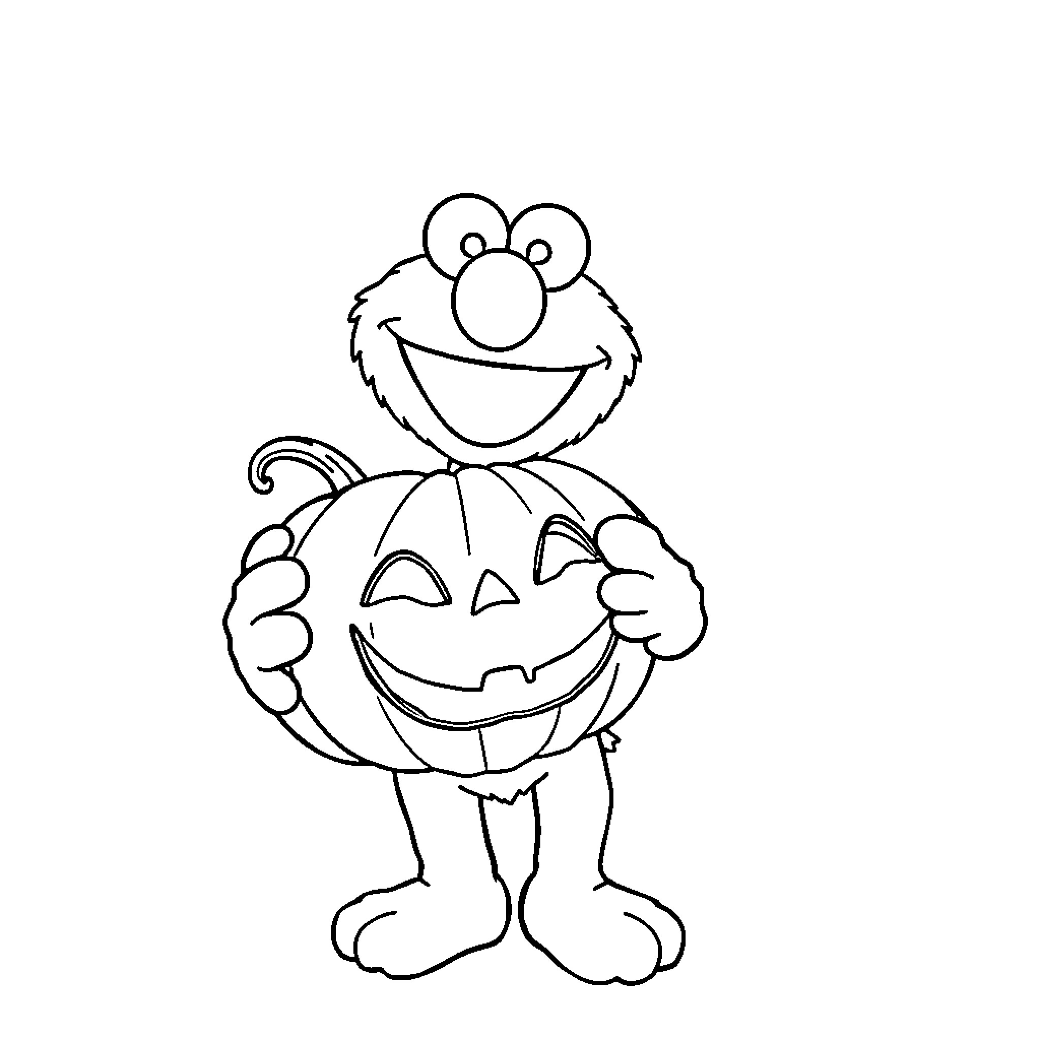 Elmo holding a smiling pumpkin Coloring Page (free black-and-white line drawing printable PDF for all, from beginners to advanced learners, including children, teens, adults, and seniors)