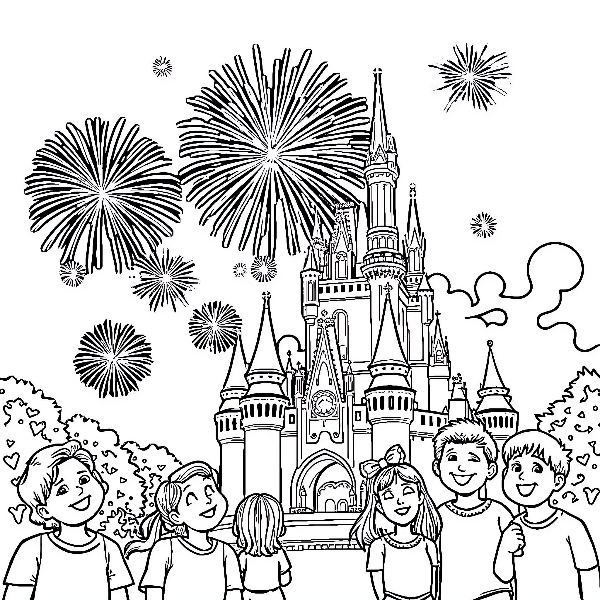 Firework Celebration at the Castle with Happy Visitors Coloring Page (free black-and-white line drawing printable PDF for all, from beginners to advanced learners, including children, teens, adults, and seniors)