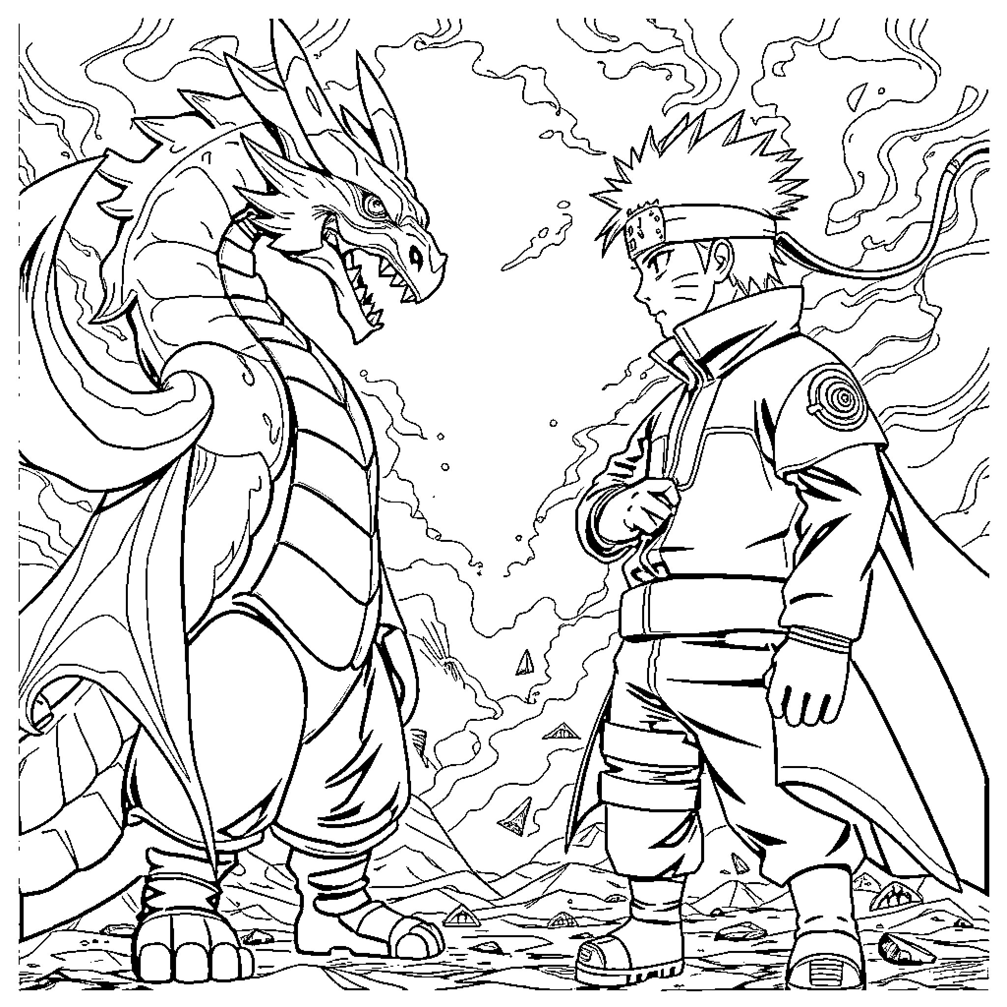 Dragon warrior confronting a fierce dragon Coloring Page (free black-and-white line drawing printable PDF for all, from beginners to advanced learners, including children, teens, adults, and seniors)