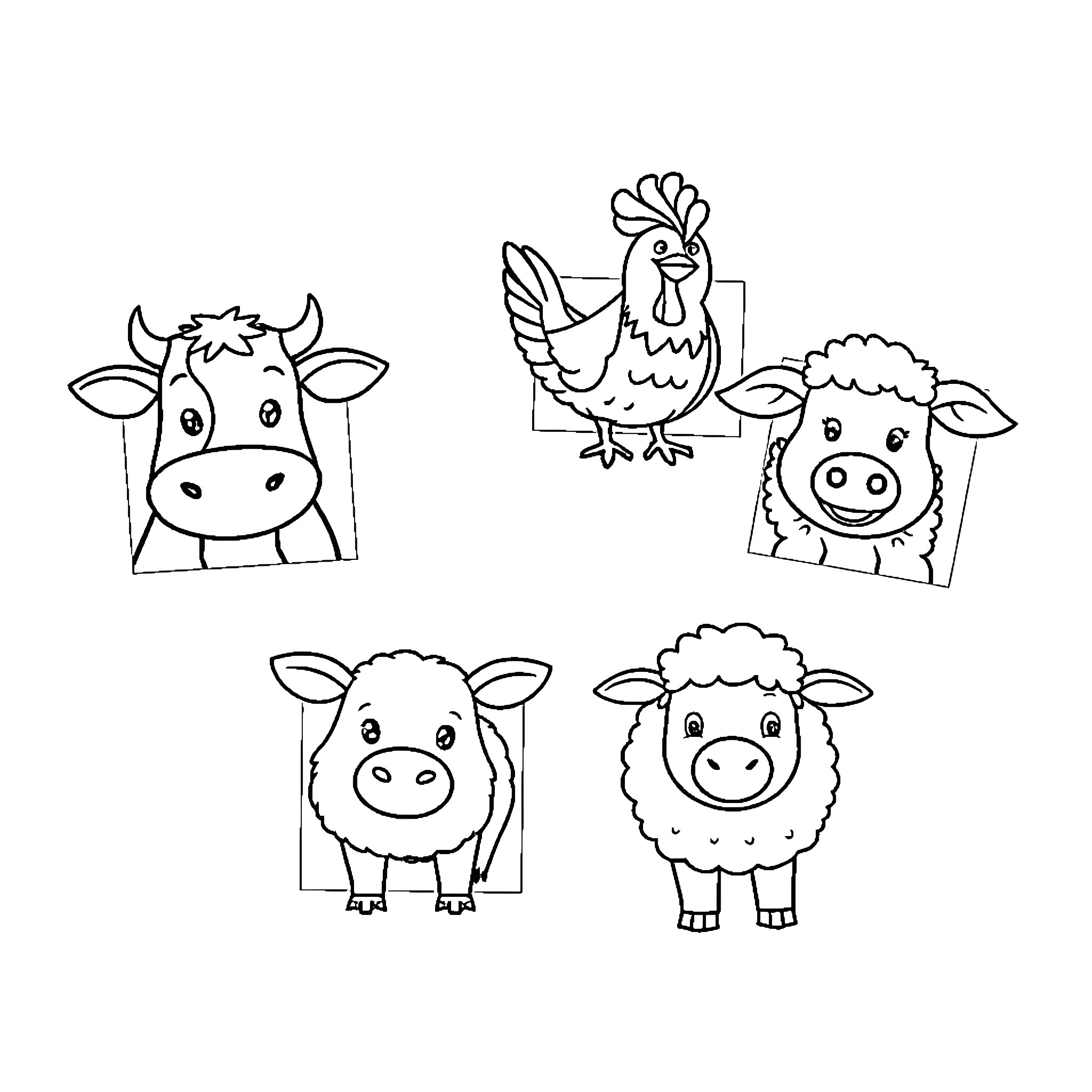 Farm Animals Expressing Various Emotions Coloring Page (free black-and-white line drawing printable PDF for all, from beginners to advanced learners, including children, teens, adults, and seniors)
