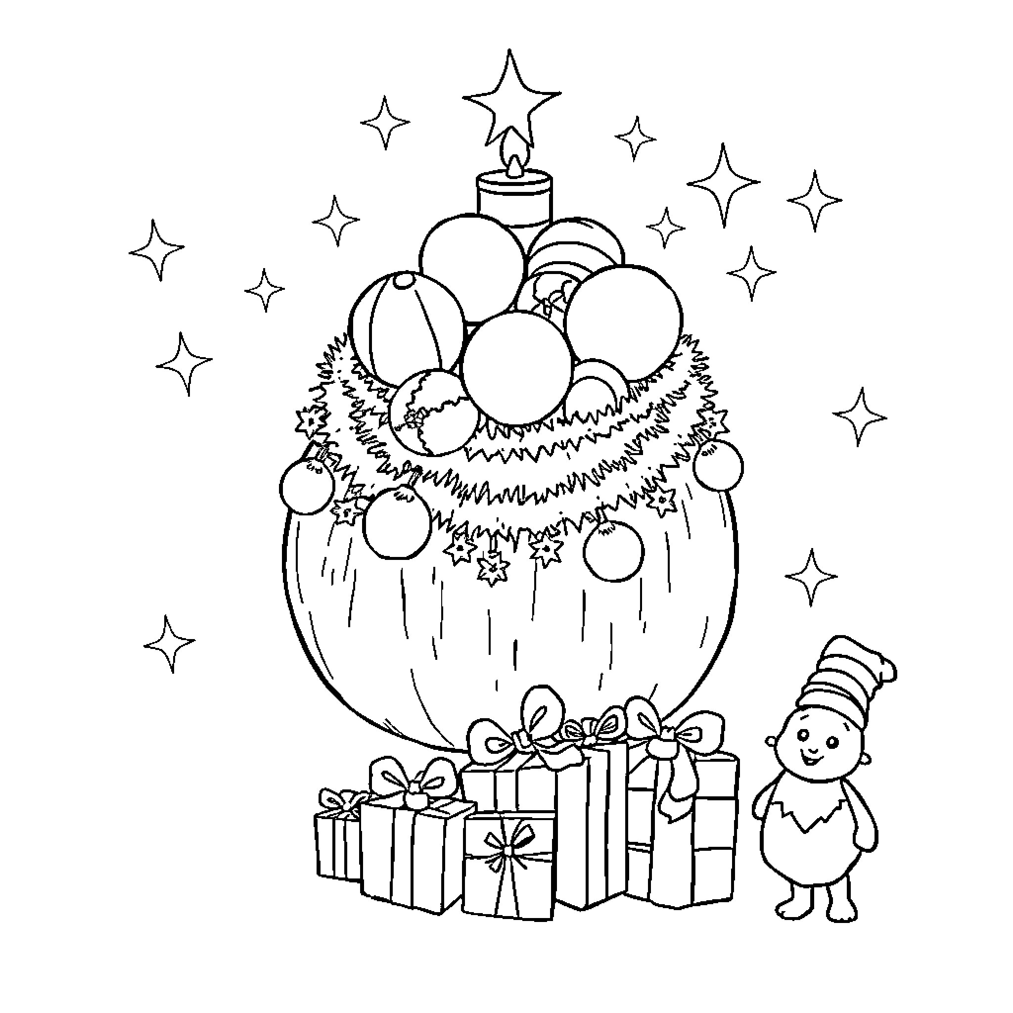 Christmas Cheer with Decorations and Presents Coloring Page (free black-and-white line drawing printable PDF for all, from beginners to advanced learners, including children, teens, adults, and seniors)
