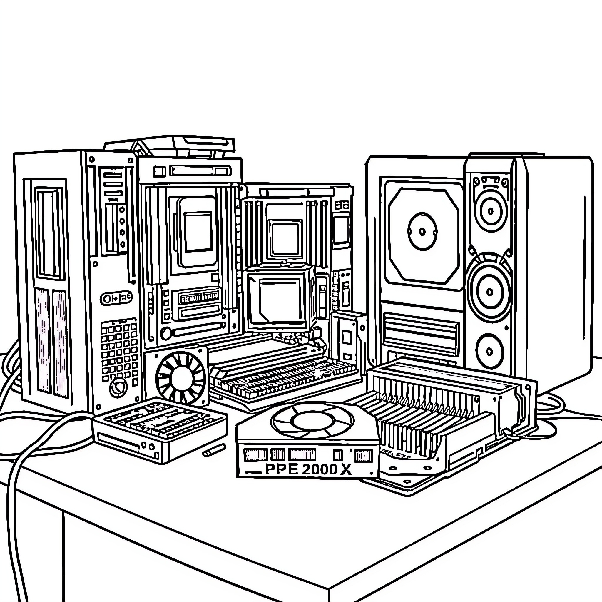 Computer Components Assembled on Desk Coloring Page (free black-and-white line drawing printable PDF for all, from beginners to advanced learners, including children, teens, adults, and seniors)