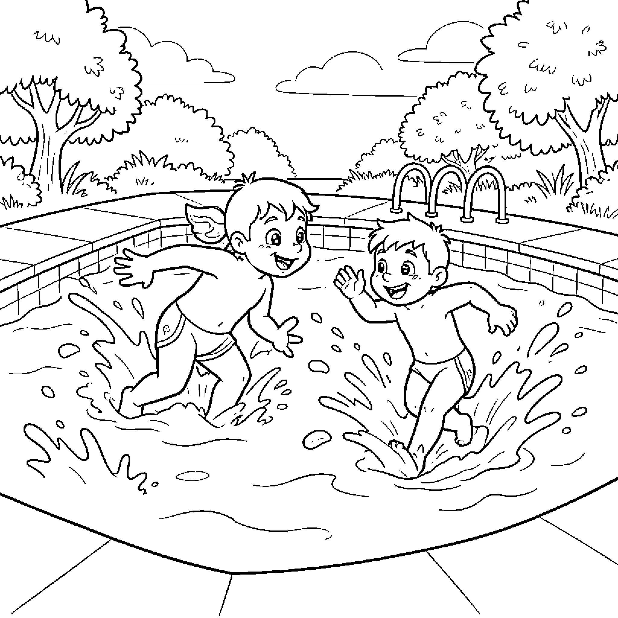 Chase through splashing water in a swimming pool Coloring Page (free black-and-white line drawing printable PDF for all, from beginners to advanced learners, including children, teens, adults, and seniors)