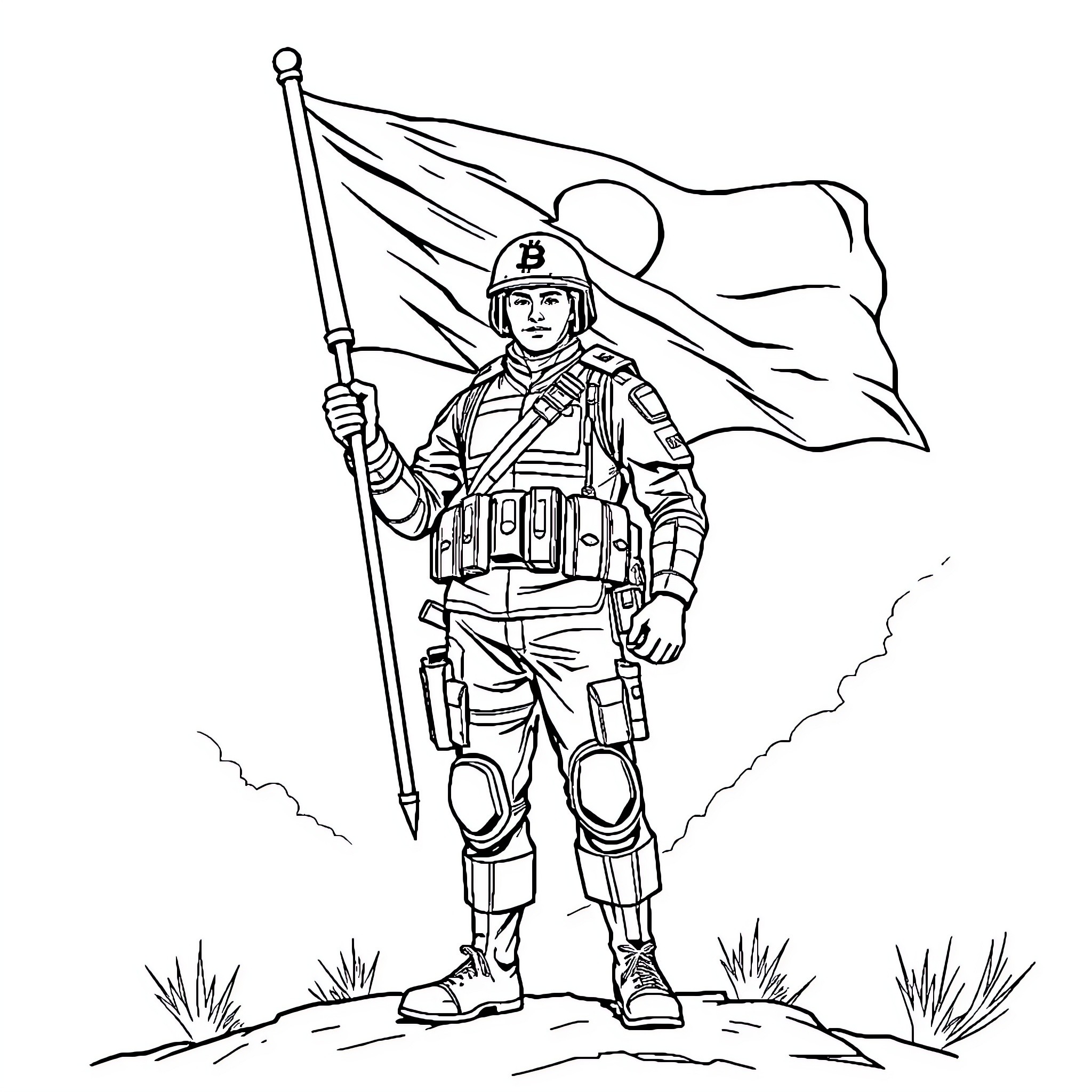 Soldier holding flag in combat gear Coloring Page (free black-and-white line drawing printable PDF for all, from beginners to advanced learners, including children, teens, adults, and seniors)