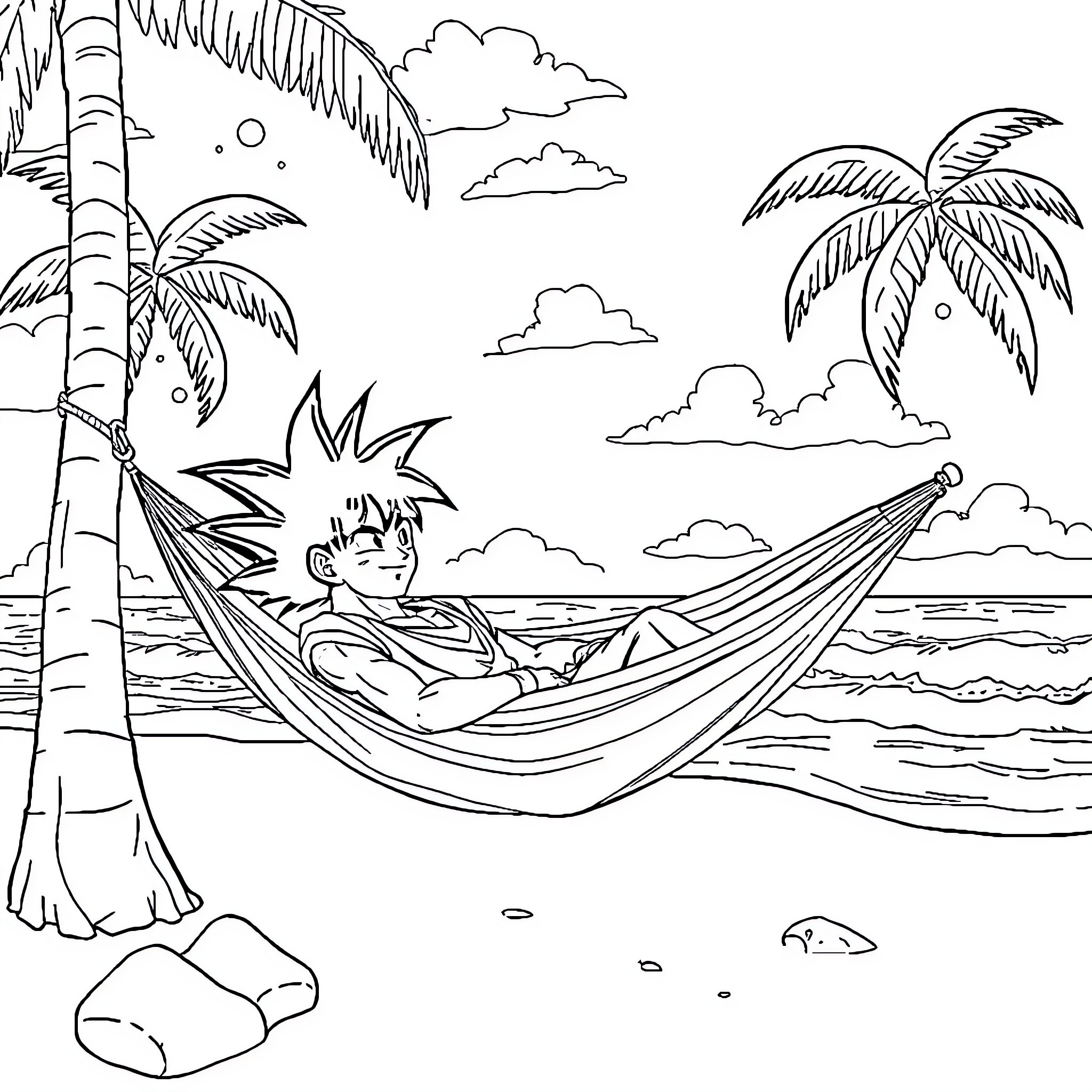 Goku relaxing in a hammock on a tropical beach Coloring Page (free black-and-white line drawing printable PDF for all, from beginners to advanced learners, including children, teens, adults, and seniors)