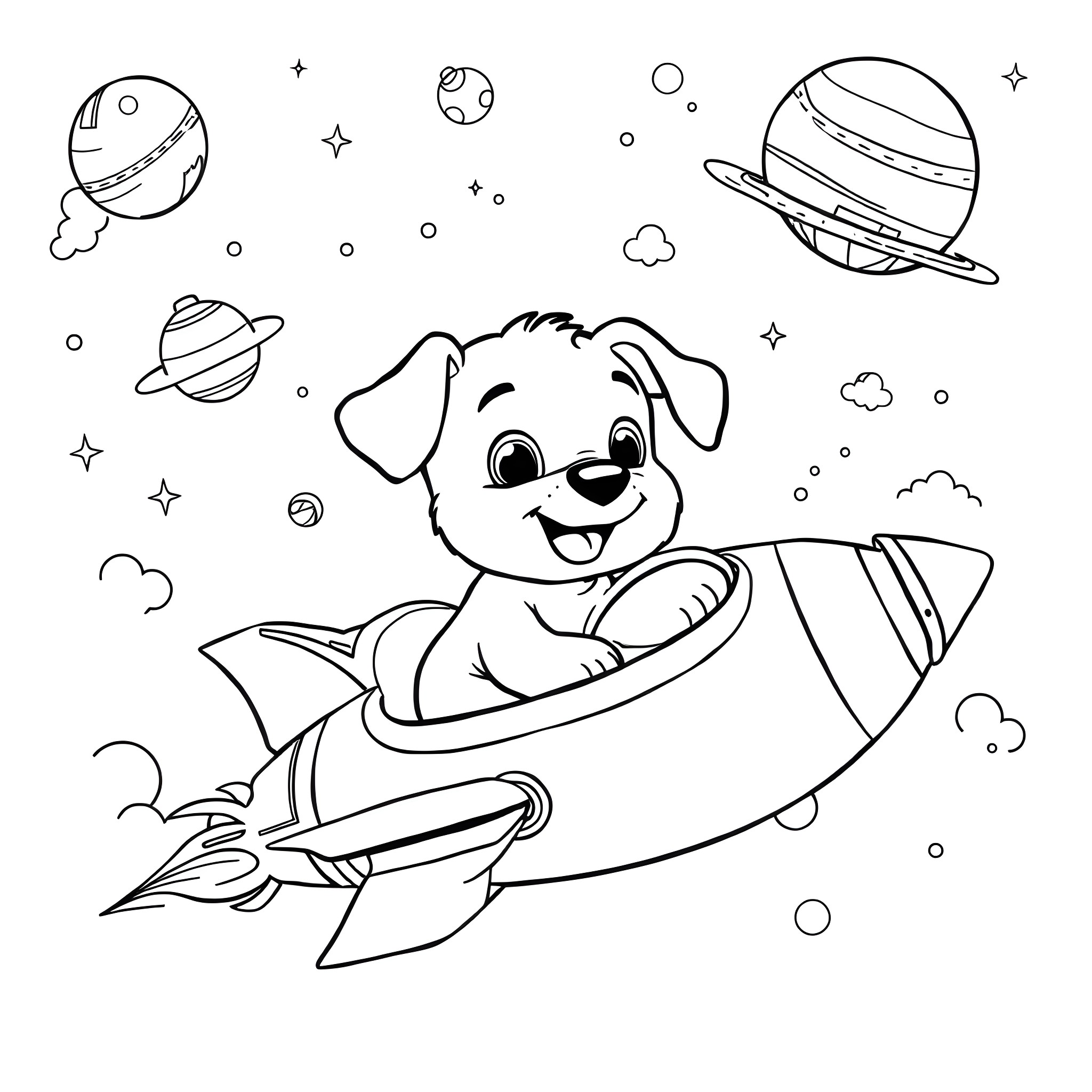 Bingo: Puppy flying a rocket ship in space Coloring Page (free black-and-white line drawing printable PDF for all, from beginners to advanced learners, including children, teens, adults, and seniors)
