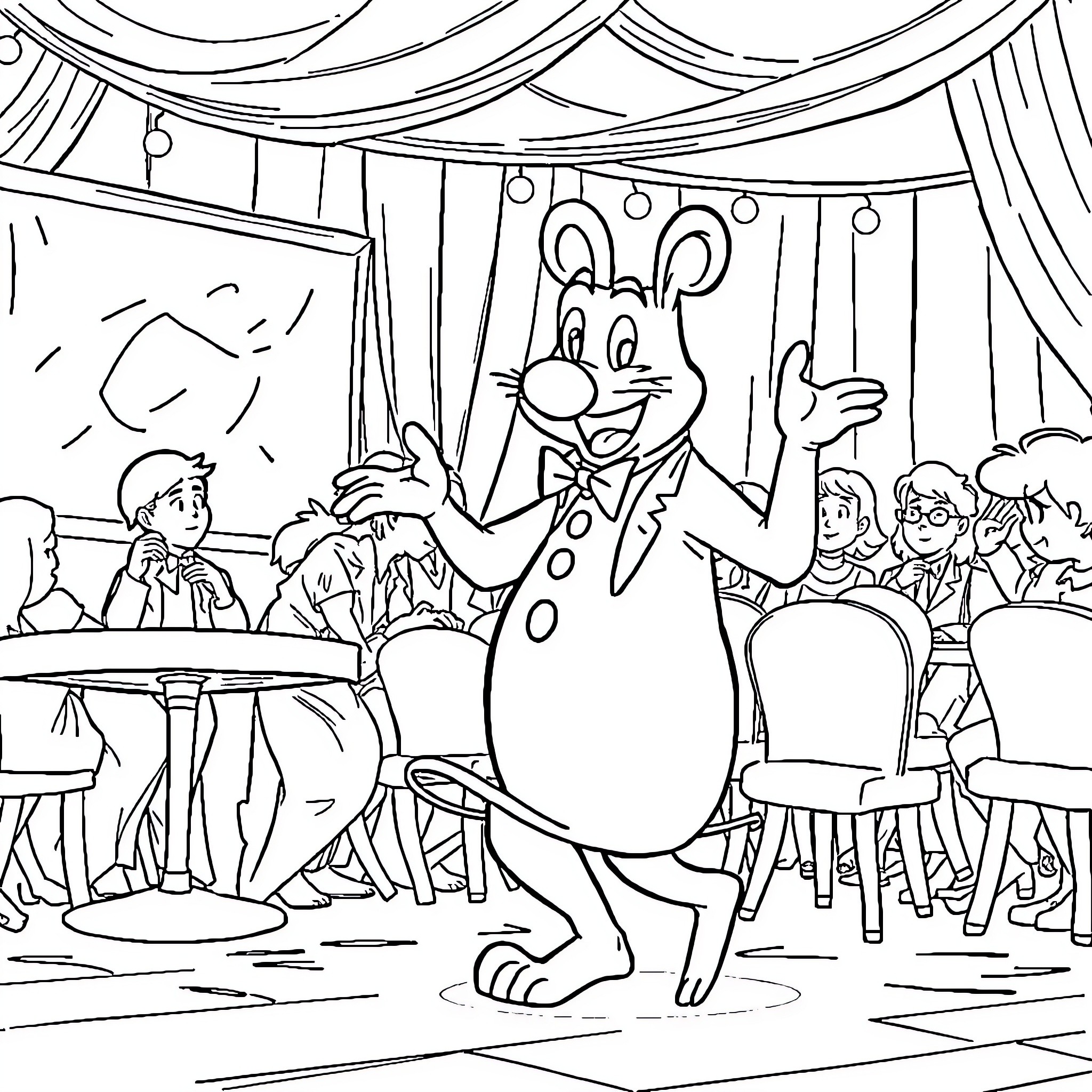 Bobbie the Rabbit's Entertaining Performance Coloring Page (free black-and-white line drawing printable PDF for all, from beginners to advanced learners, including children, teens, adults, and seniors)