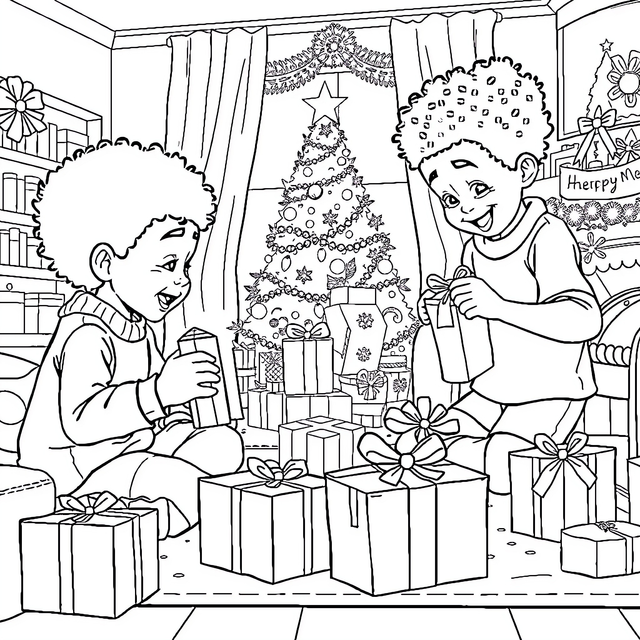 Children unwrapping gifts near Christmas tree Coloring Page (free black-and-white line drawing printable PDF for all, from beginners to advanced learners, including children, teens, adults, and seniors)