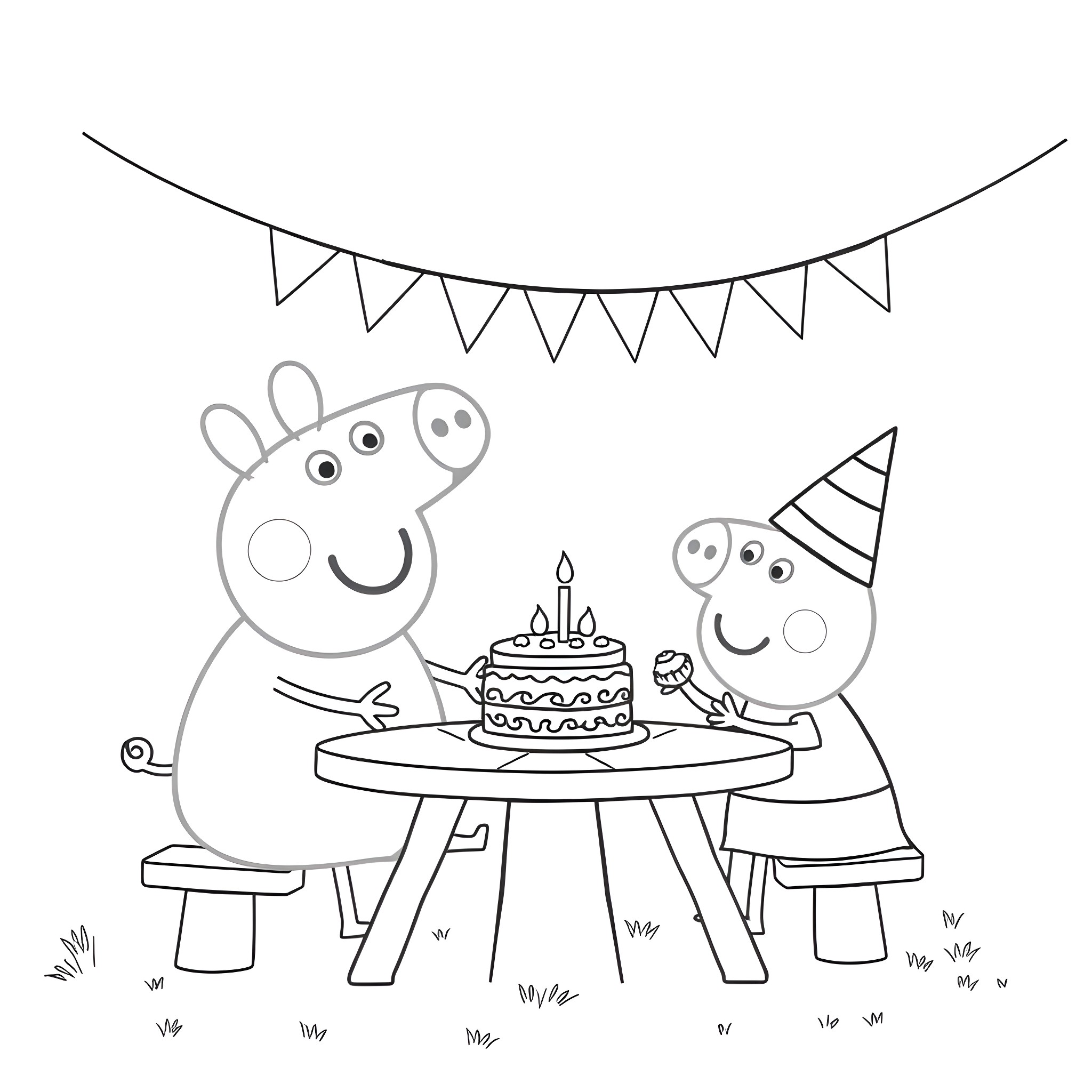 Peppa Pig and friends celebrate a birthday party Coloring Page (free black-and-white line drawing printable PDF for all, from beginners to advanced learners, including children, teens, adults, and seniors)
