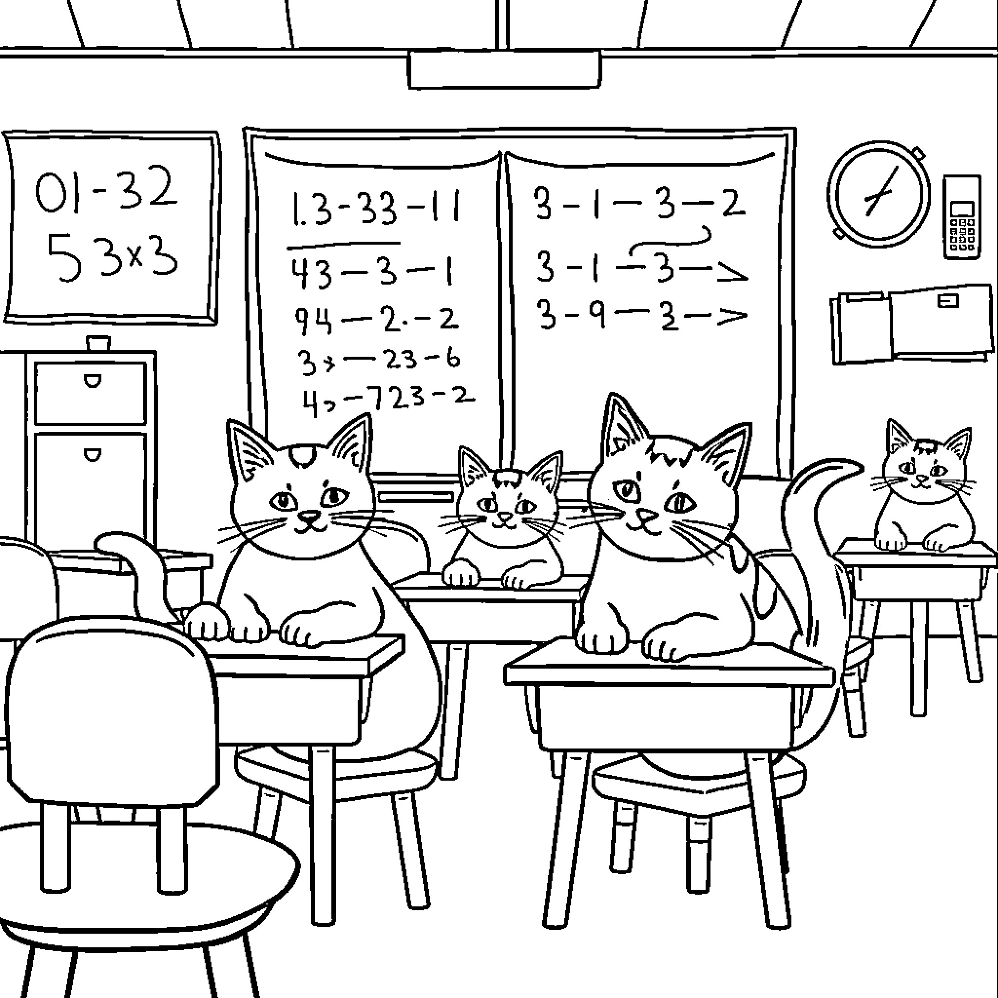 Cats observing math problems in classroom Coloring Page (free black-and-white line drawing printable PDF for all, from beginners to advanced learners, including children, teens, adults, and seniors)
